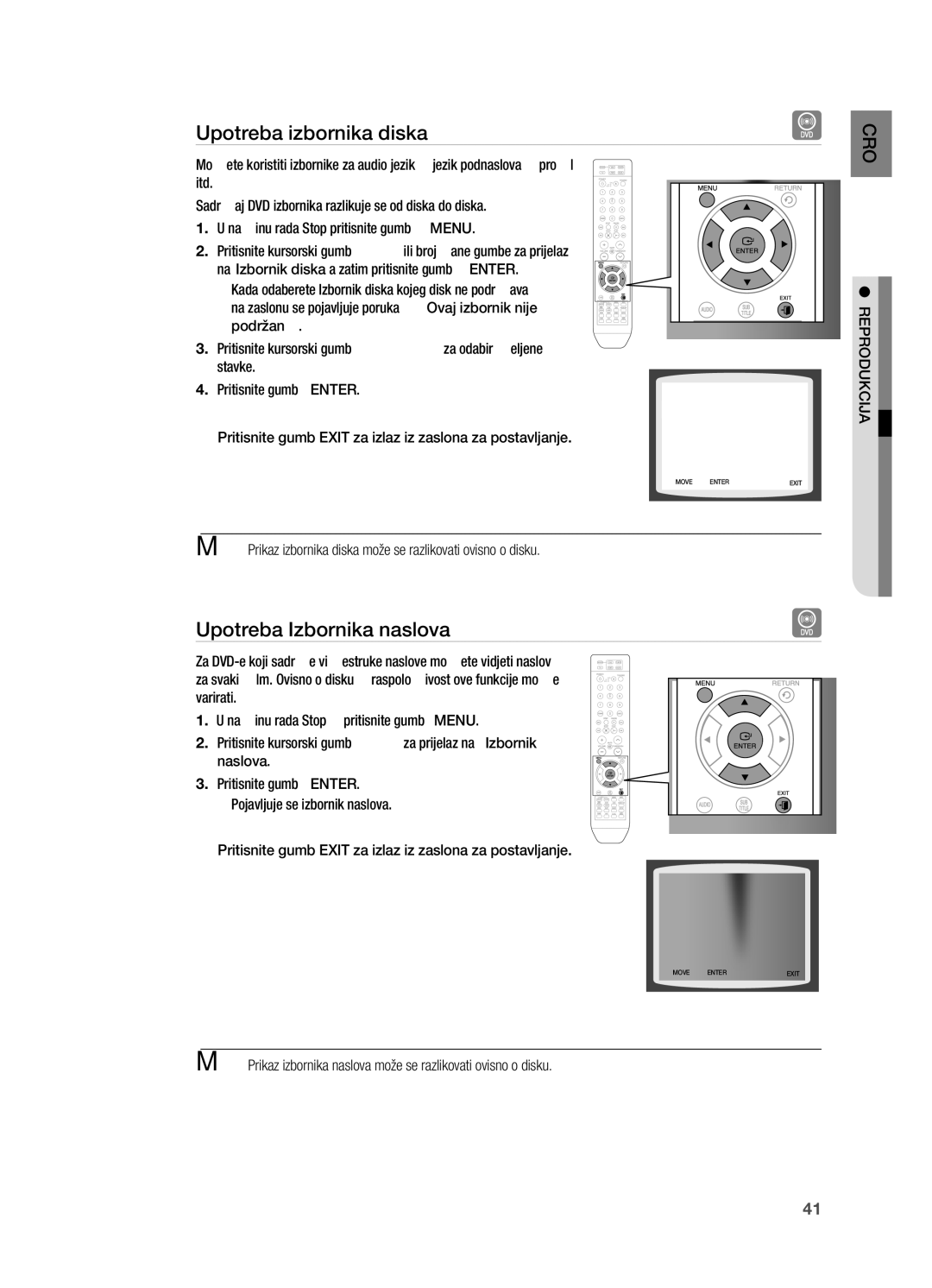 Samsung HT-X715T/EDC, HT-TX715T/EDC manual Upotreba izbornika diska, Upotreba Izbornika naslova 