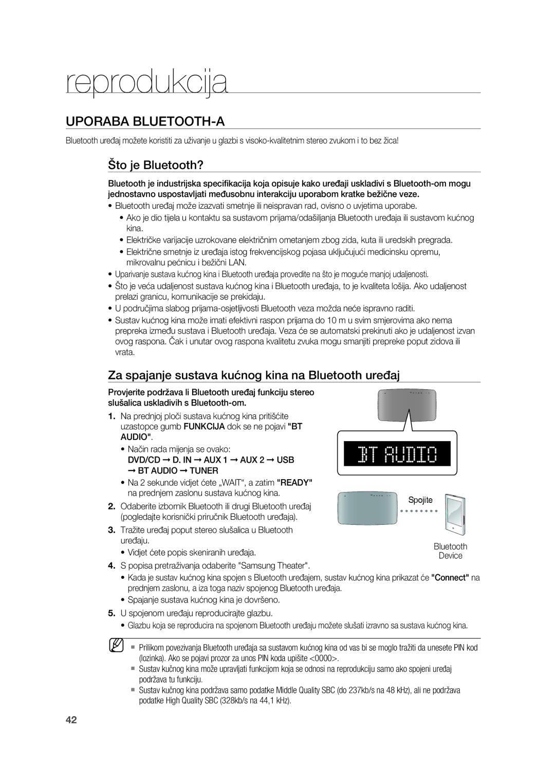 Samsung HT-TX715T/EDC, HT-X715T/EDC manual Što je Bluetooth?, Za spajanje sustava kućnog kina na Bluetooth uređaj 