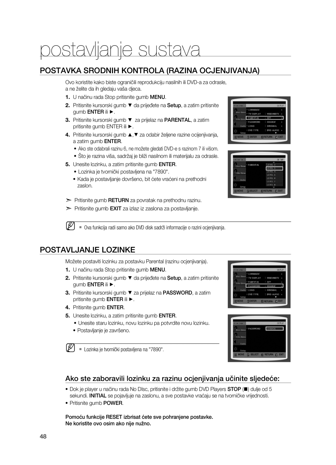 Samsung HT-TX715T/EDC, HT-X715T/EDC manual Postavka srodnih kontrola Razina ocjenjivanja, Postavljanje lozinke 