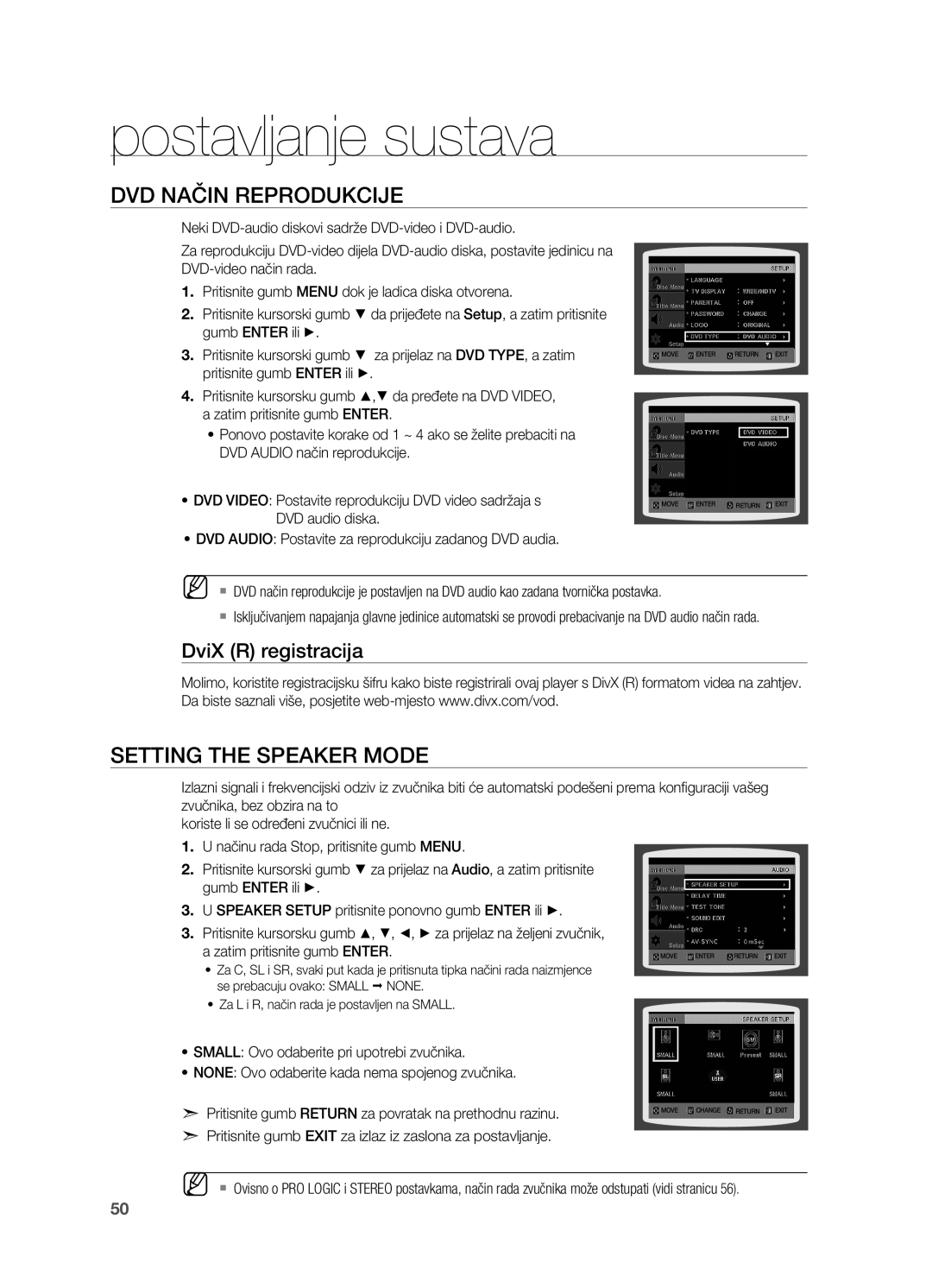 Samsung HT-TX715T/EDC, HT-X715T/EDC manual DVD način reprodukcije, Setting the Speaker Mode, DviX R registracija 