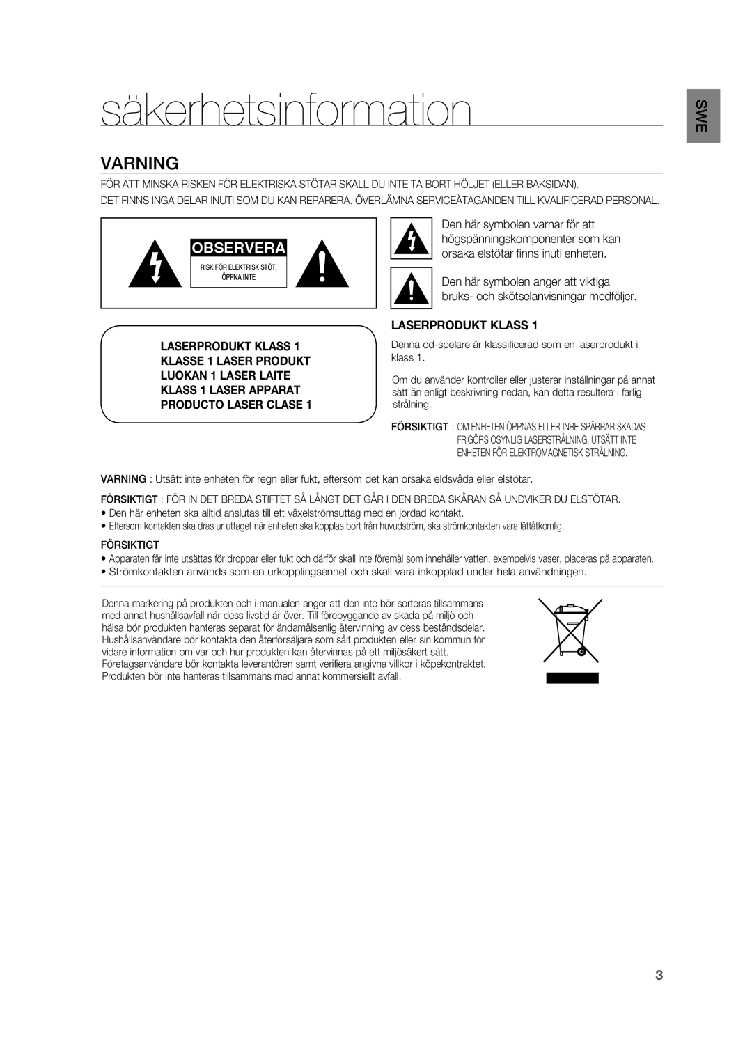 Samsung HT-X715T/XEE, HT-TX715T/XEE manual Säkerhetsinformation, Varning 