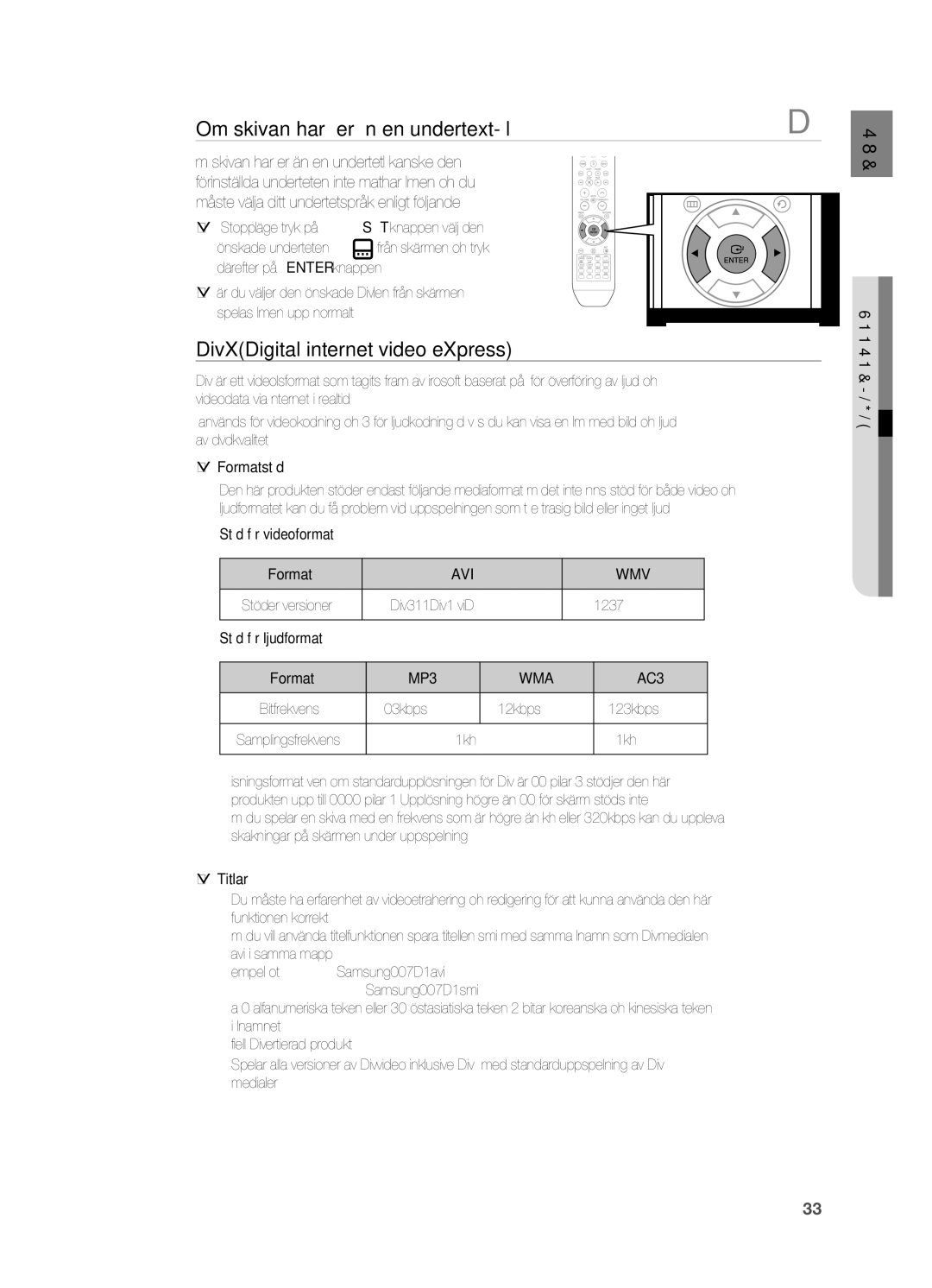 Samsung HT-X715T/XEE Om skivan har ﬂ er än en undertext-fi l, DivXDigital internet video eXpress, Format, V1/V2/V3/V7 