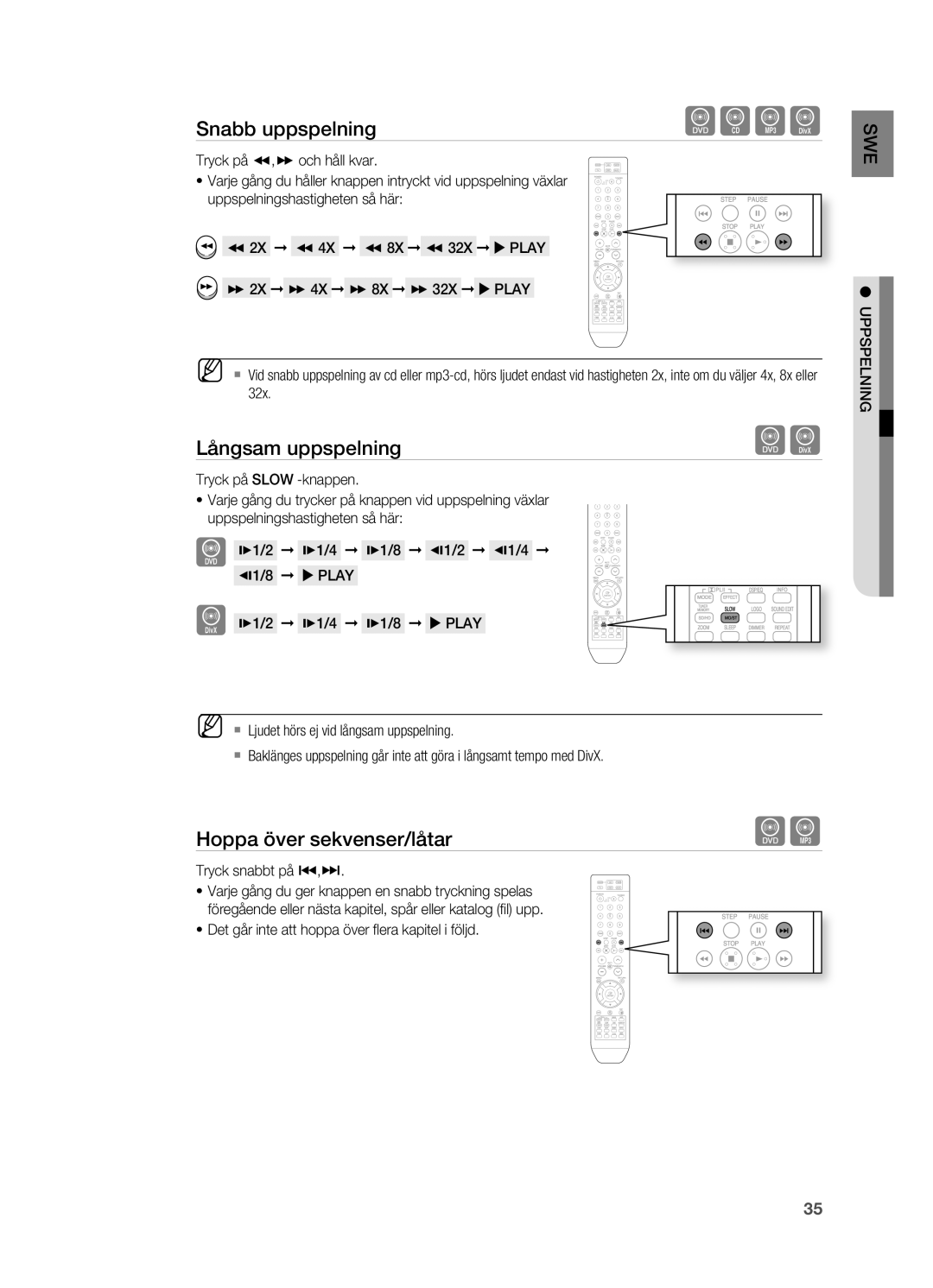 Samsung HT-X715T/XEE, HT-TX715T/XEE manual Långsam uppspelning, Hoppa över sekvenser/låtar, 32x, Tryck snabbt på 