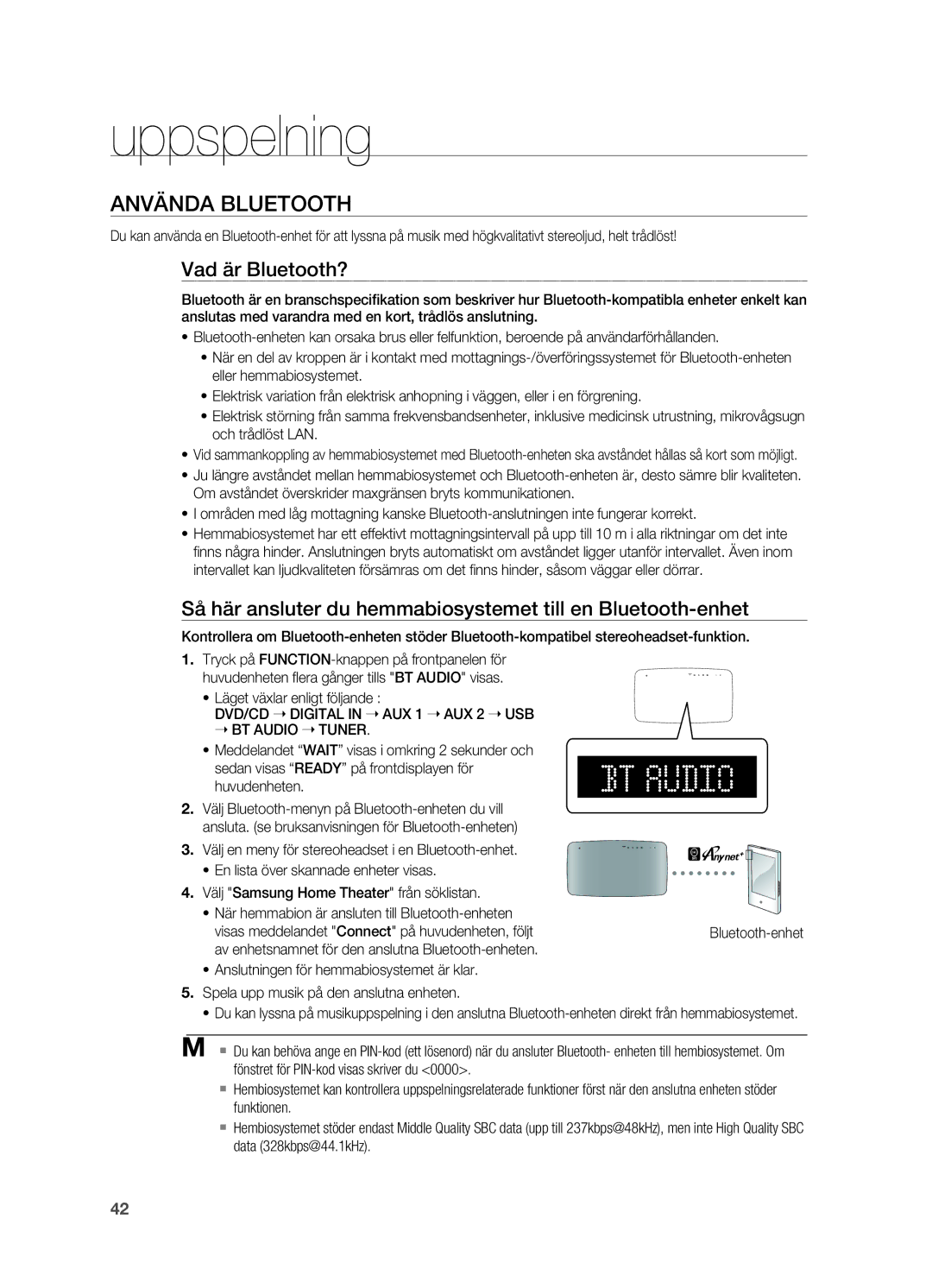 Samsung HT-TX715T/XEE Använda Bluetooth, Vad är Bluetooth?, Så här ansluter du hemmabiosystemet till en Bluetooth-enhet 