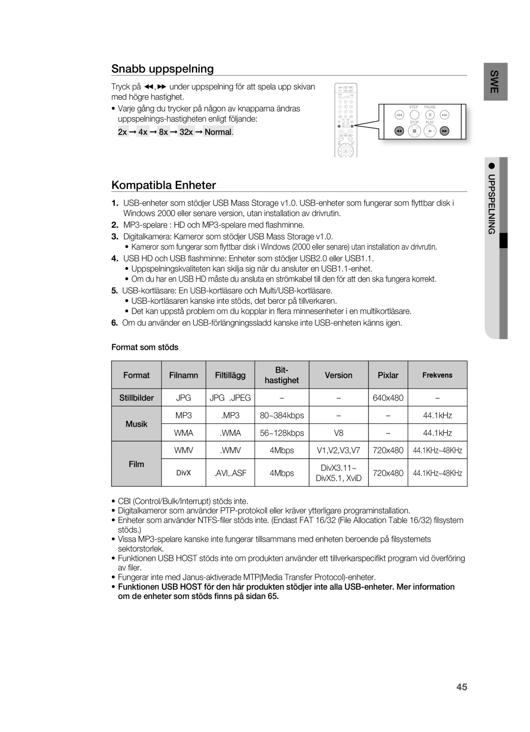 Samsung HT-X715T/XEE, HT-TX715T/XEE manual Kompatibla Enheter, 2x 4x 8x 32x Normal 