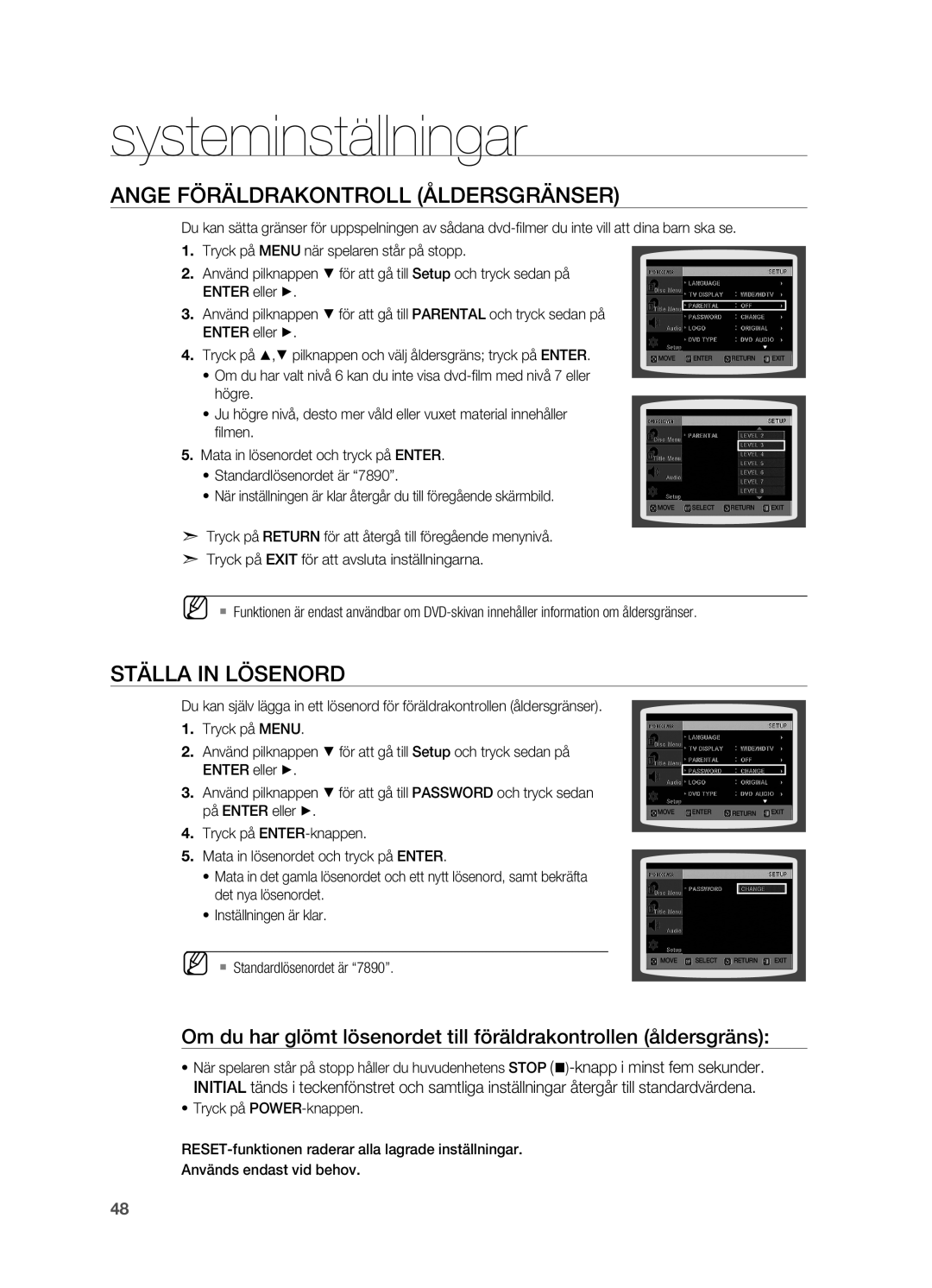 Samsung HT-TX715T/XEE, HT-X715T/XEE manual Ange föräldrakontroll åldersgränser, Ställa in lösenord 