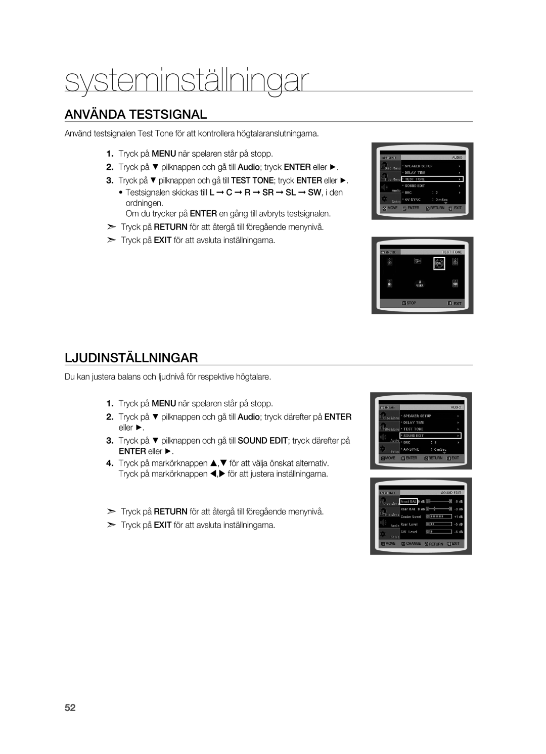 Samsung HT-TX715T/XEE, HT-X715T/XEE manual Använda testsignal, Ljudinställningar 