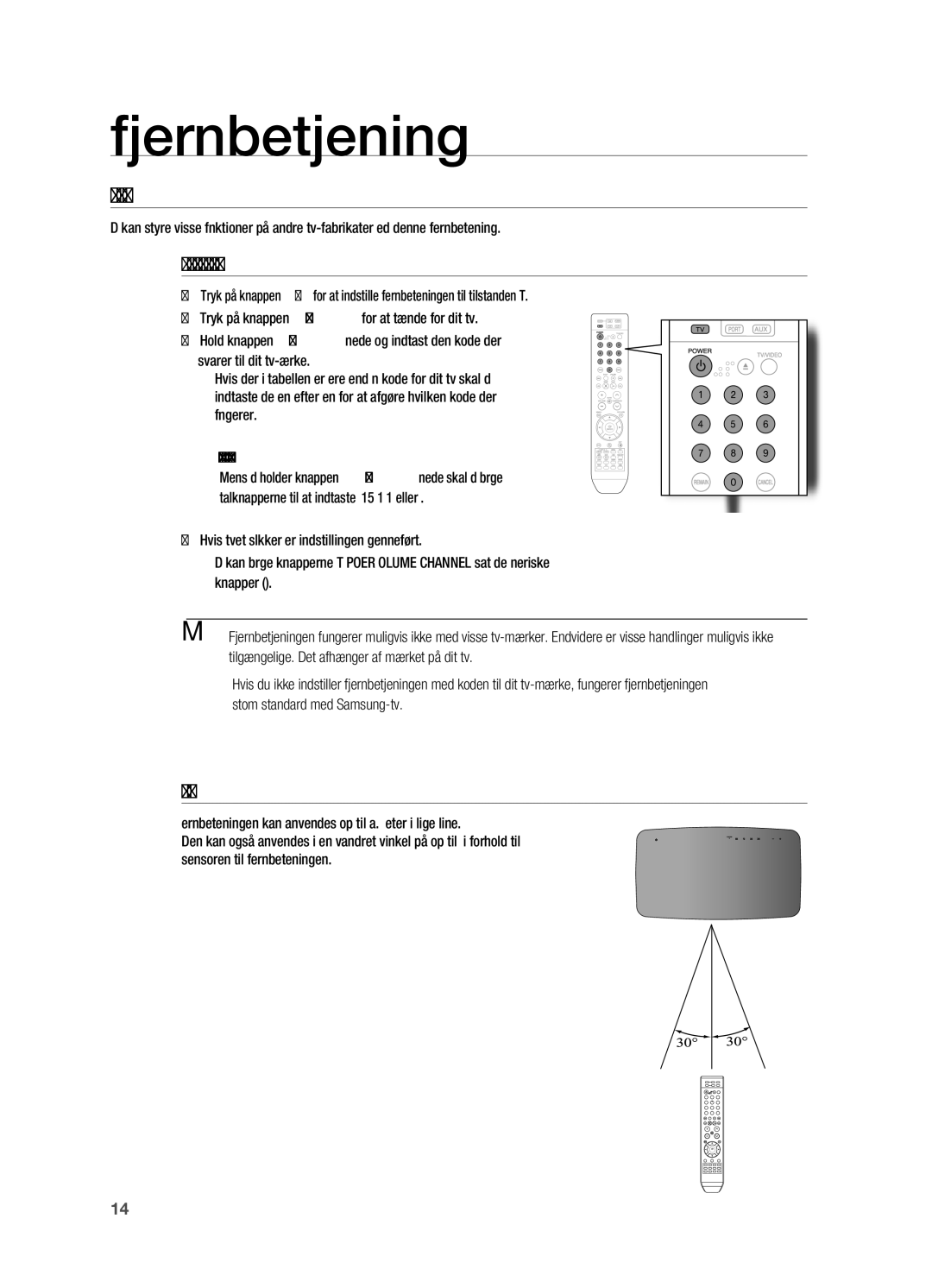 Samsung HT-TX715T/XEE, HT-X715T/XEE manual OPSæTNING AF FjERNBETjENINGEN, Når du betjener et tv med fjernbetjeningen 