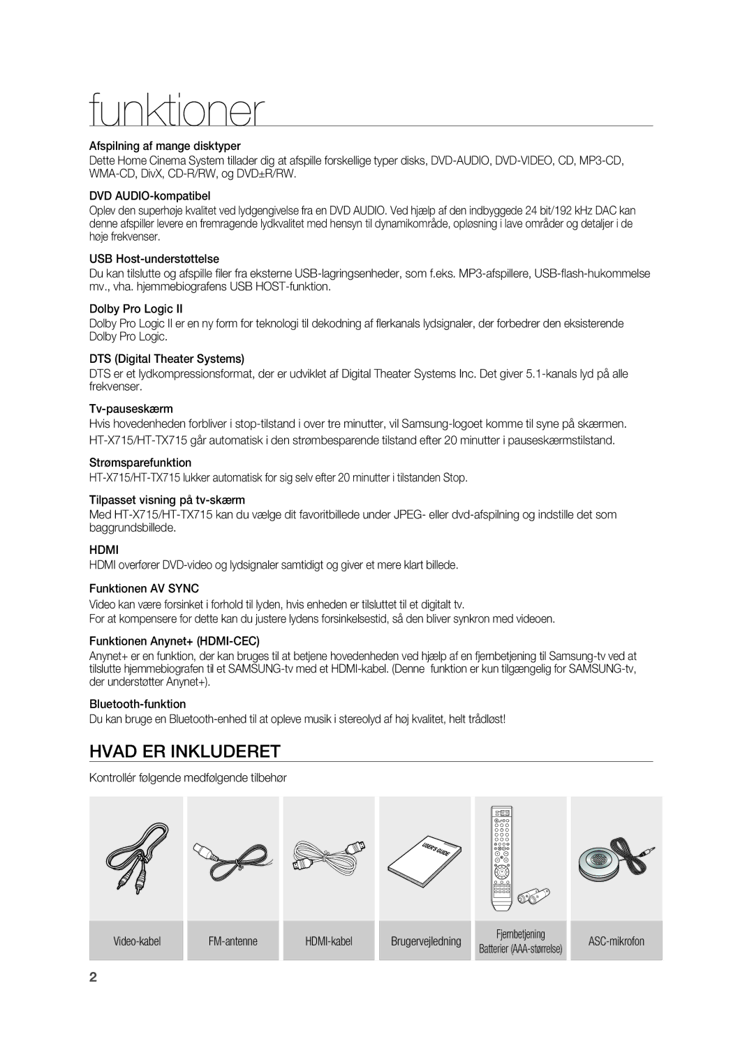 Samsung HT-TX715T/XEE, HT-X715T/XEE manual Funktioner, Hvad ER Inkluderet, Hdmi, Fjernbetjening, ASC-mikrofon 