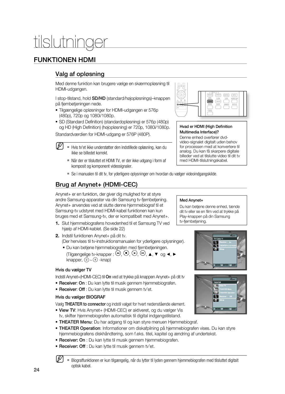 Samsung HT-TX715T/XEE, HT-X715T/XEE manual FunKTiOnEn HDMi, Valg af opløsning, Brug af anynet+ HDMi-CEC 