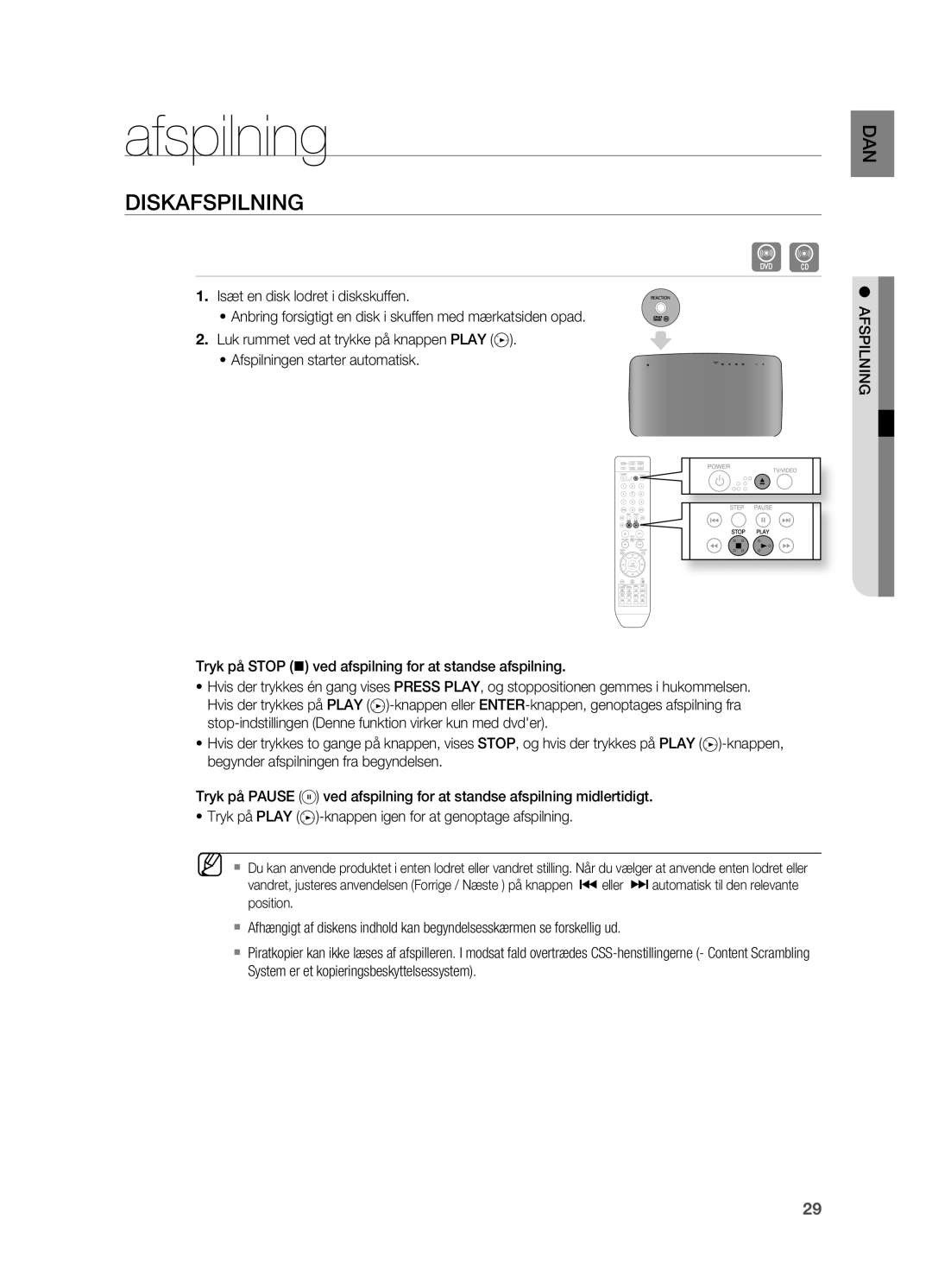 Samsung HT-X715T/XEE, HT-TX715T/XEE manual Afspilning, DisKafsPilning 