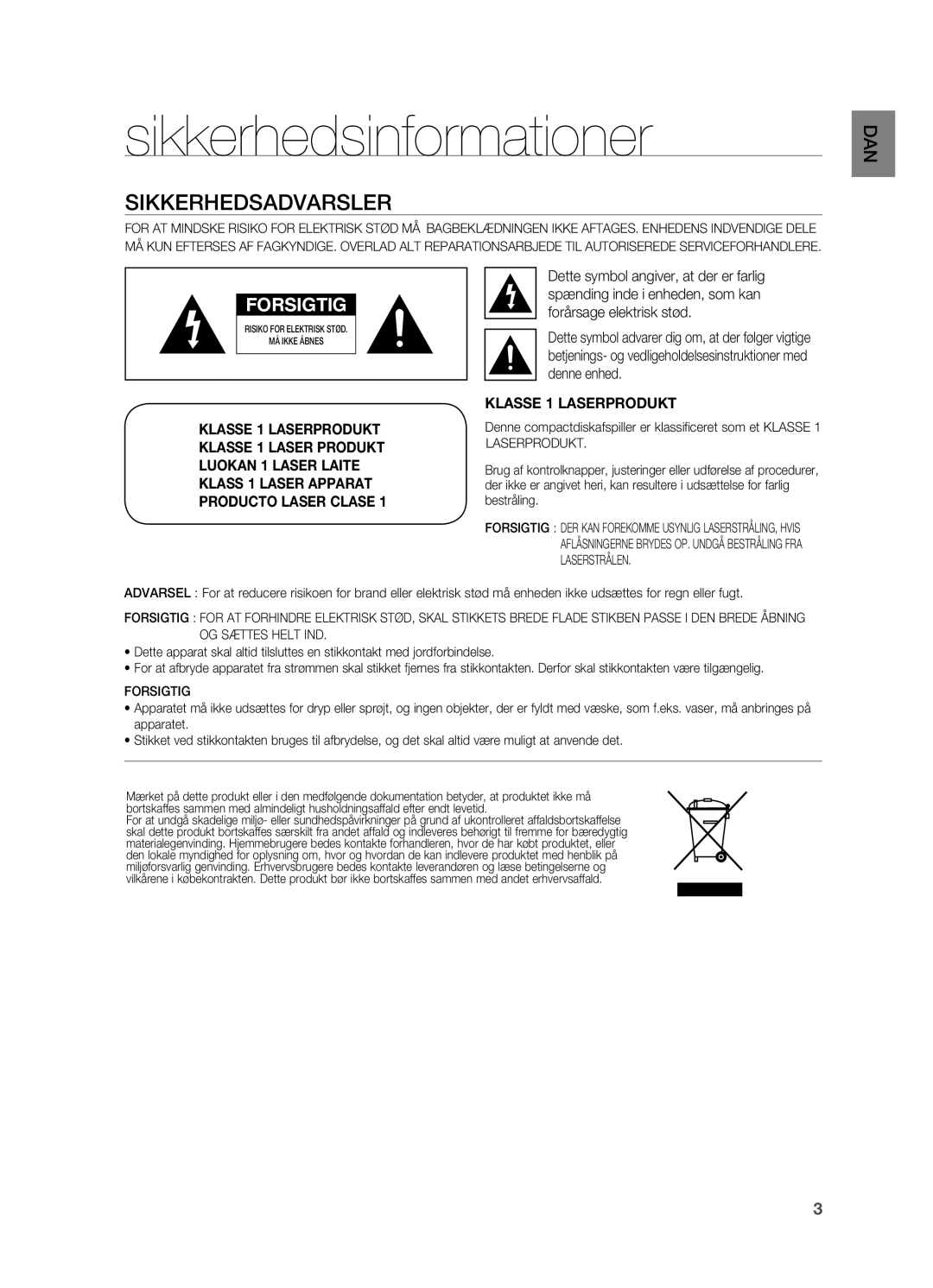 Samsung HT-X715T/XEE, HT-TX715T/XEE manual Sikkerhedsinformationer, Sikkerhedsadvarsler 