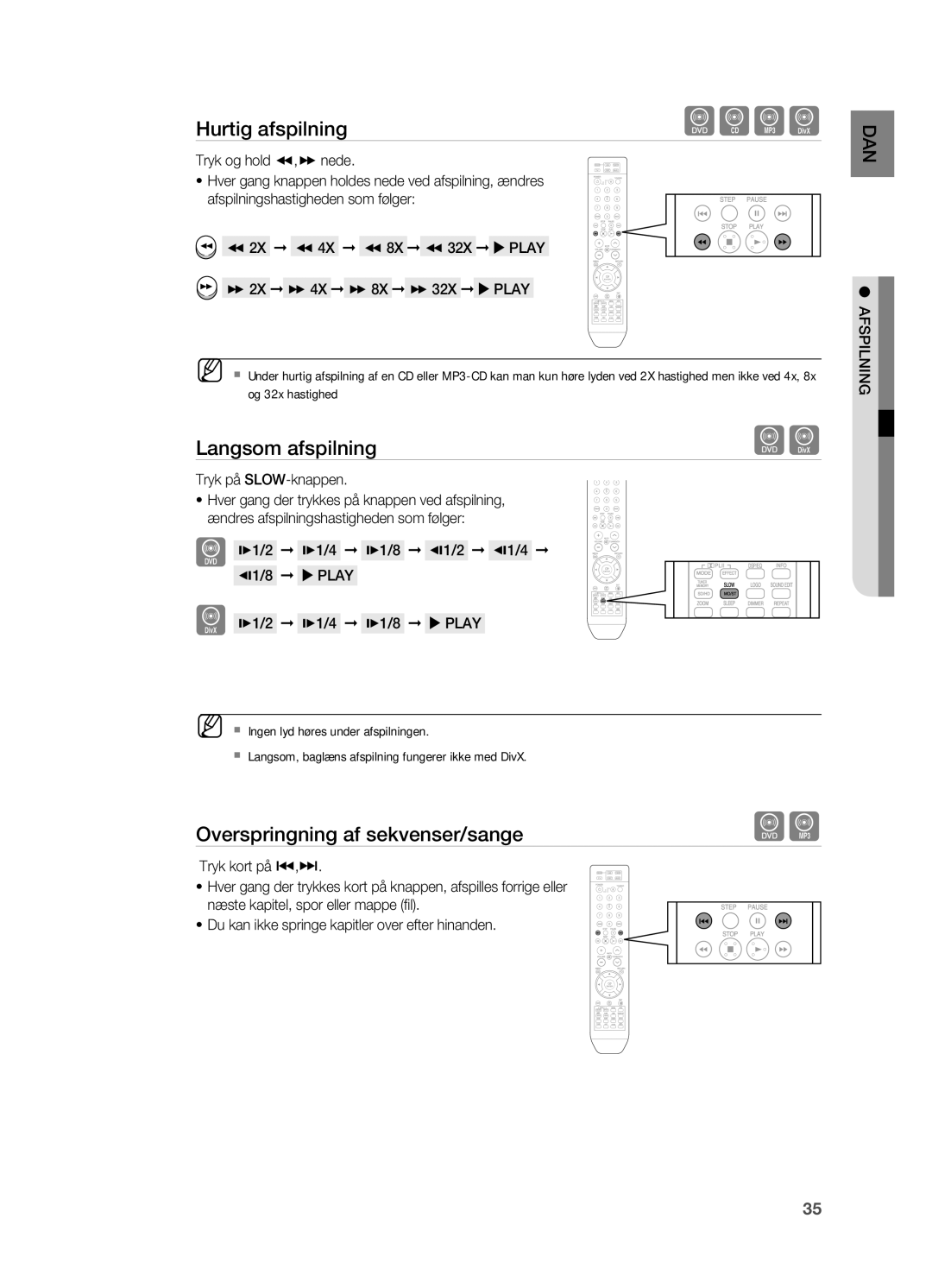 Samsung HT-X715T/XEE, HT-TX715T/XEE manual Langsom afspilning, Overspringning af sekvenser/sange 