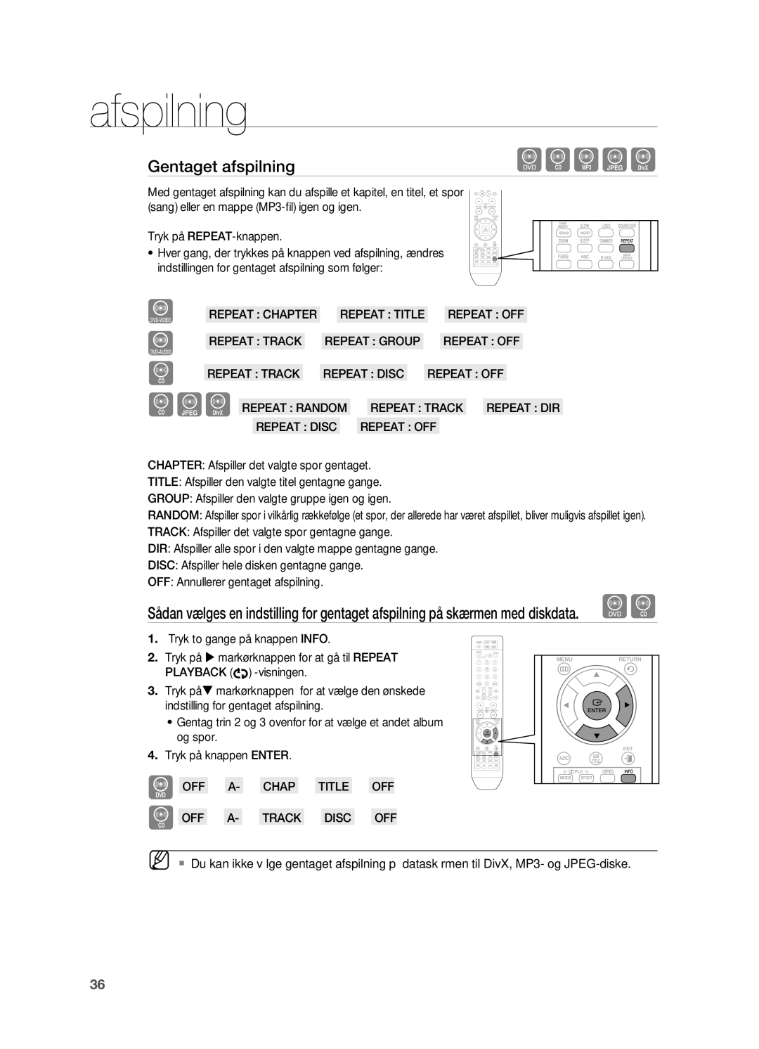 Samsung HT-TX715T/XEE, HT-X715T/XEE manual Gentaget afspilning, OFF A- Chap Title OFF OFF A- Track Disc OFF 