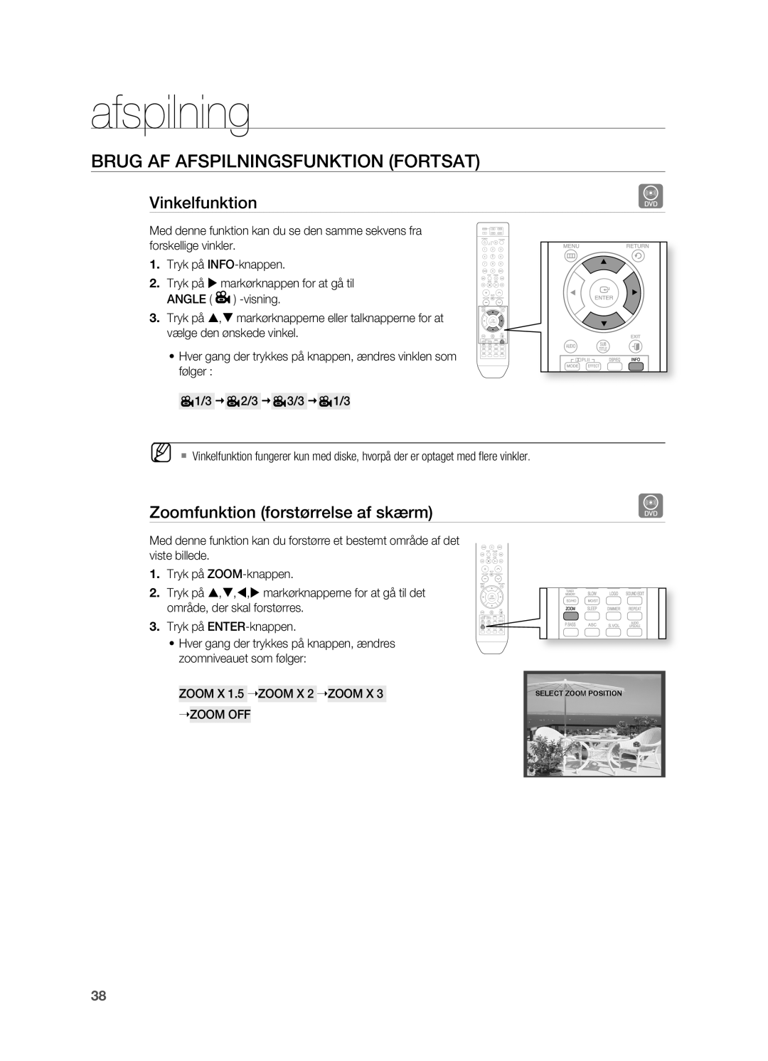 Samsung HT-TX715T/XEE manual Brug AF Afspilningsfunktion Fortsat, Vinkelfunktion, Zoomfunktion forstørrelse af skærm 