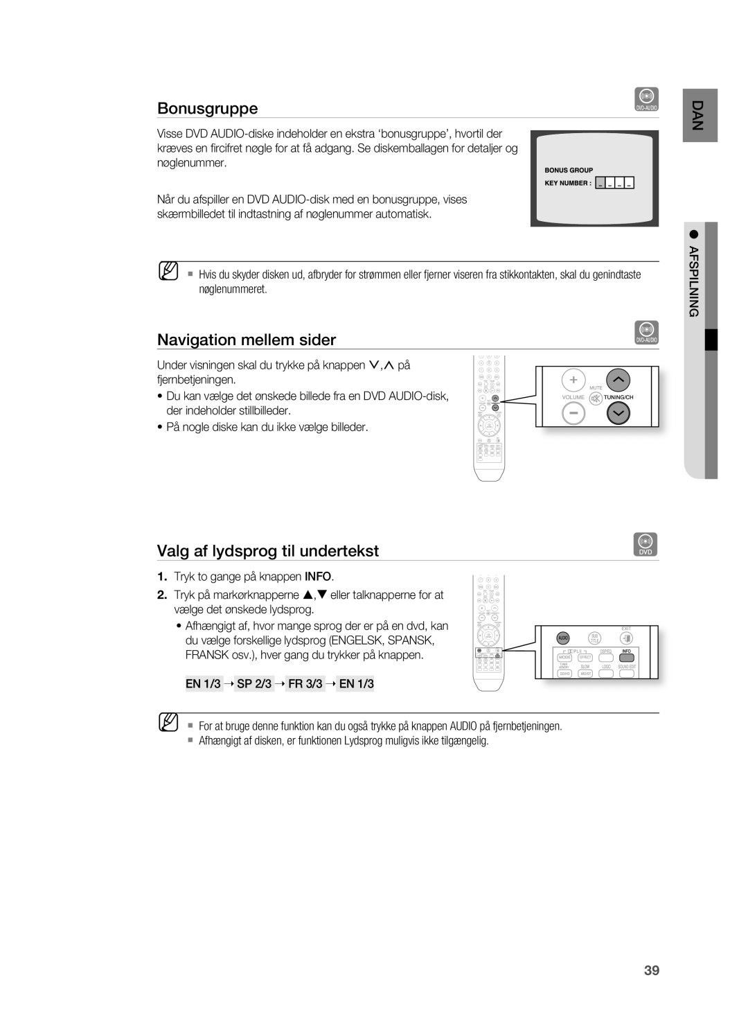 Samsung HT-X715T/XEE, HT-TX715T/XEE manual Valg af lydsprog til undertekst, EN 1/3  SP 2/3  FR 3/3  EN 1/3 