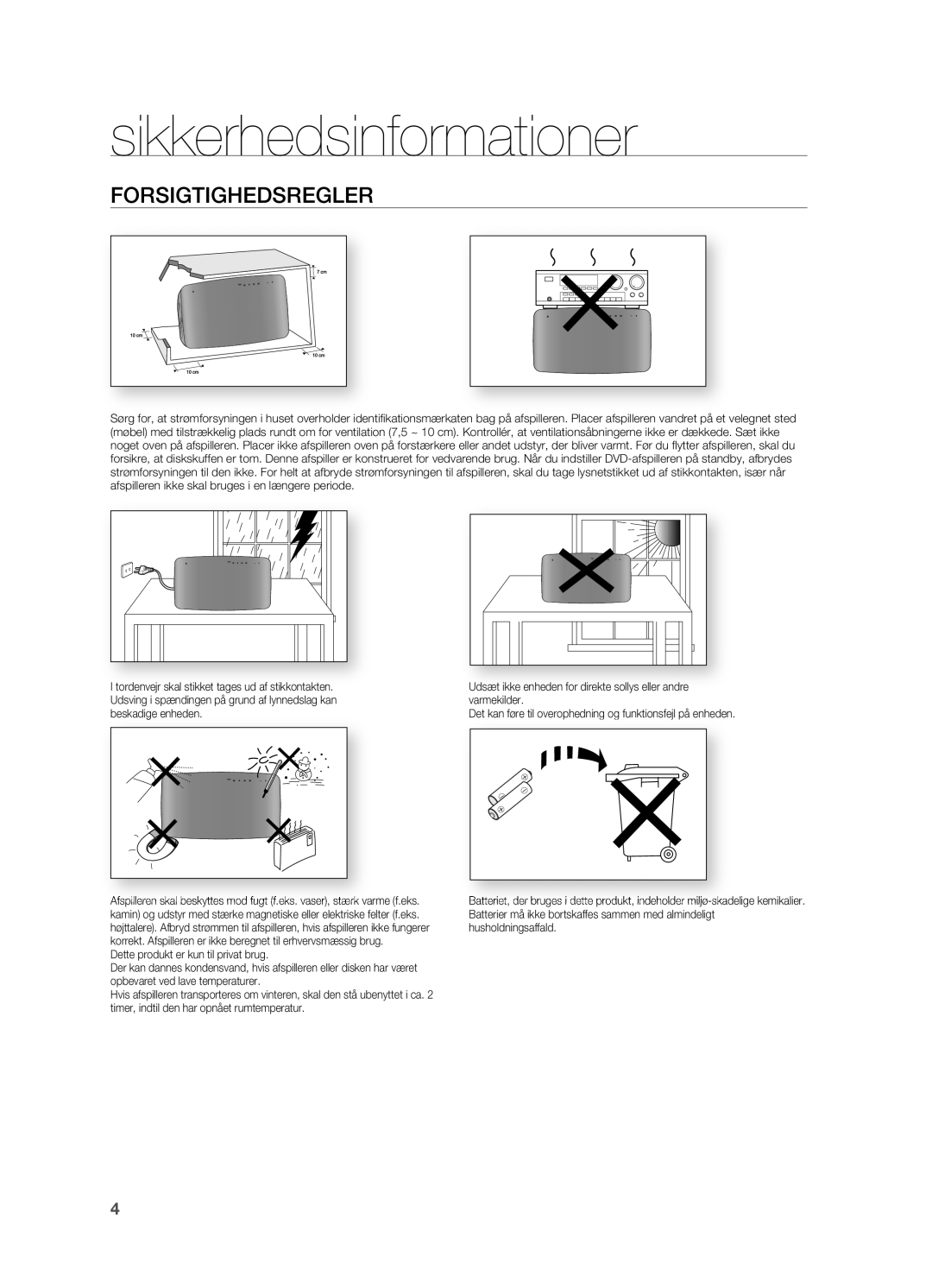 Samsung HT-TX715T/XEE, HT-X715T/XEE manual Forsigtighedsregler 