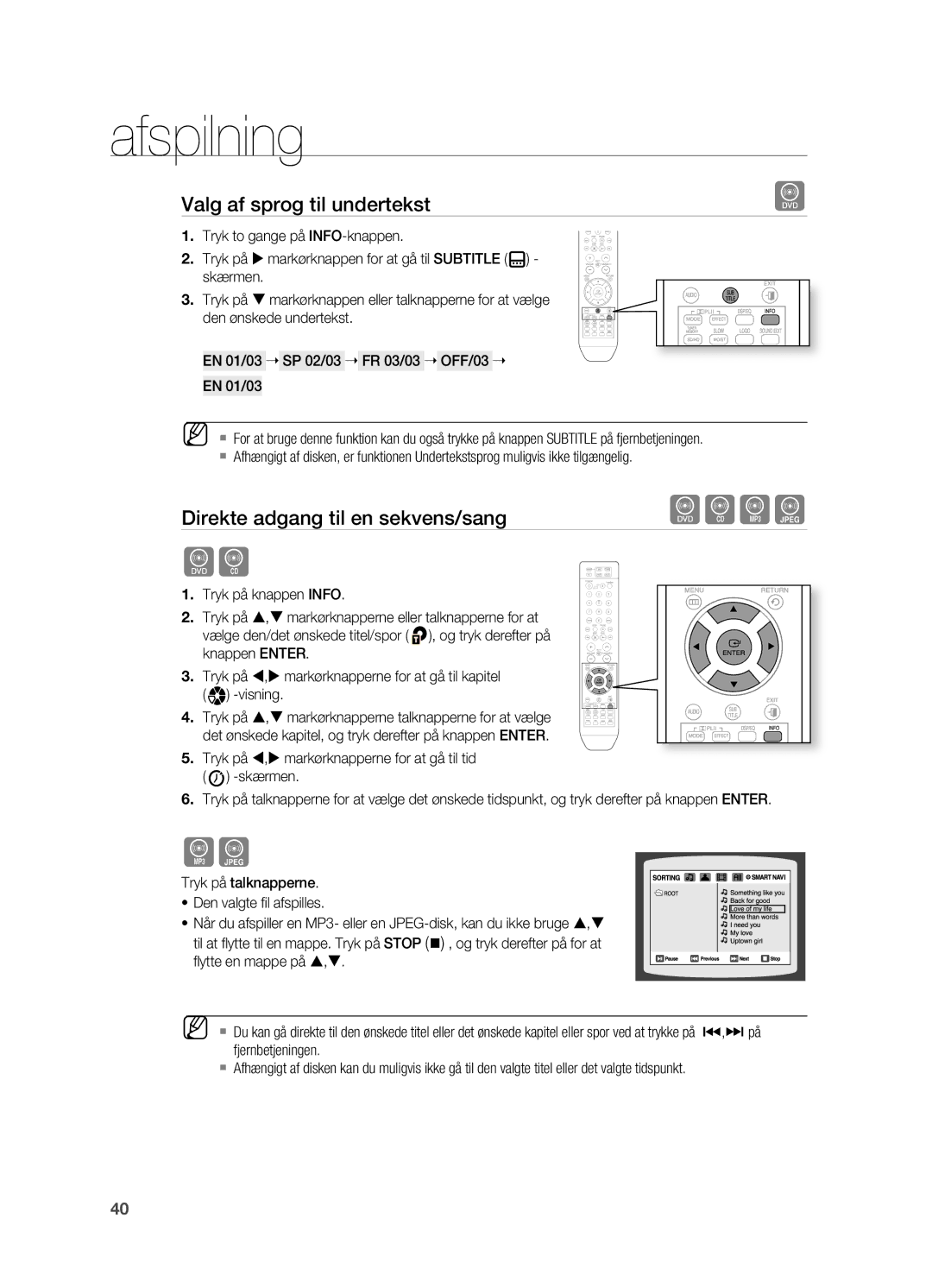 Samsung HT-TX715T/XEE, HT-X715T/XEE manual Valg af sprog til undertekst, Direkte adgang til en sekvens/sang 