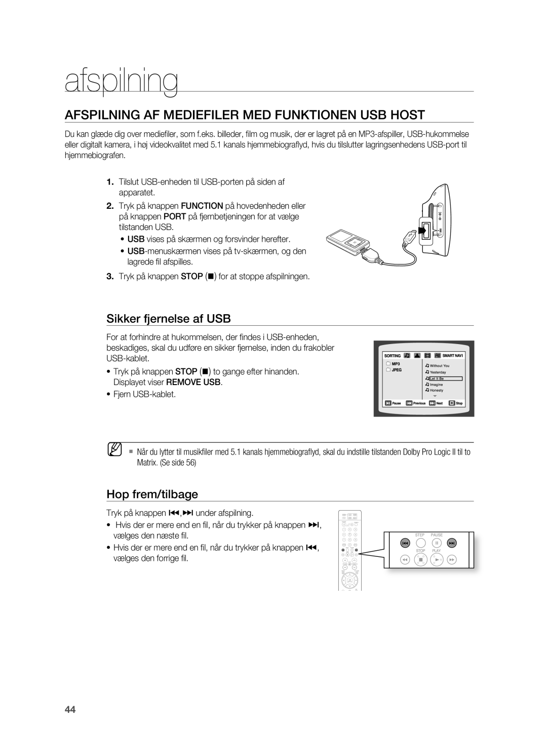 Samsung HT-TX715T/XEE manual Afspilning AF Mediefiler MED Funktionen USB Host, Sikker fjernelse af USB, Hop frem/tilbage 