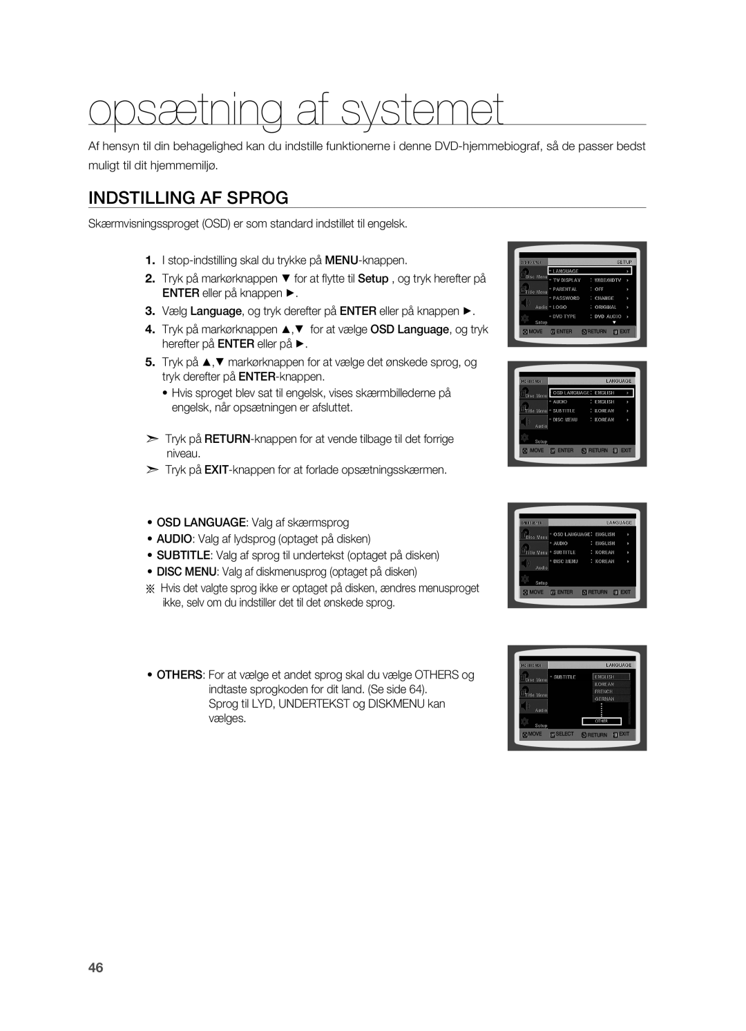 Samsung HT-TX715T/XEE manual Opsætning af systemet, Indstilling af sprog, Sprog til LYD, Undertekst og Diskmenu kan vælges 