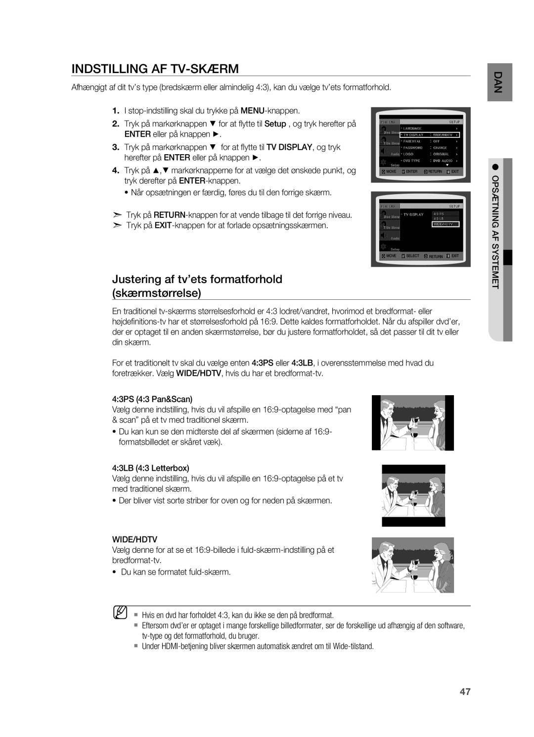 Samsung HT-X715T/XEE, HT-TX715T/XEE Indstilling af tv-skærm, Justering af tv’ets formatforhold skærmstørrelse, Wide/Hdtv 