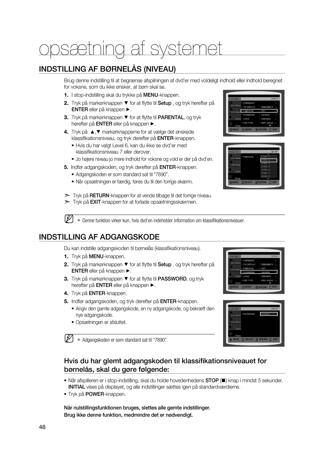 Samsung HT-TX715T/XEE, HT-X715T/XEE manual Indstilling af børnelås Niveau, Indstilling af adgangskode 