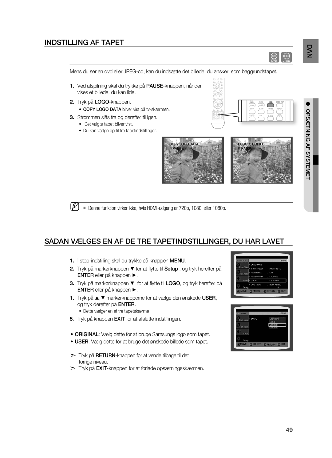 Samsung HT-X715T/XEE, HT-TX715T/XEE manual Indstilling AF Tapet, Strømmen slås fra og derefter til igen 