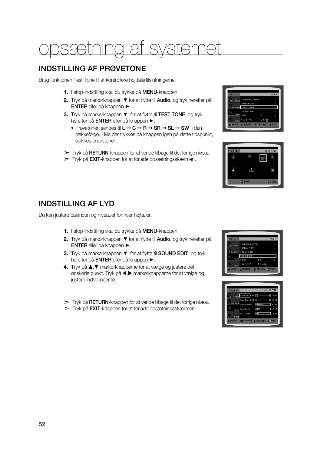 Samsung HT-TX715T/XEE, HT-X715T/XEE manual Indstilling af prøvetone, Indstilling af lyd 