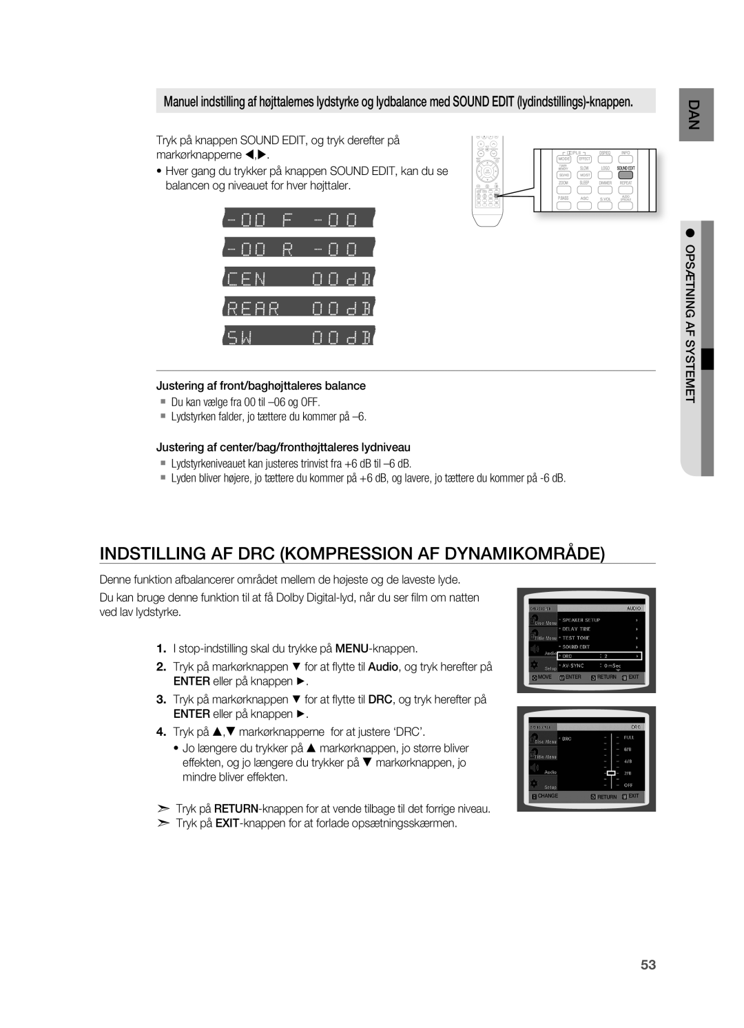 Samsung HT-X715T/XEE, HT-TX715T/XEE manual Indstilling AF DRC Kompression AF Dynamikområde, OPSæTNING AF Systemet 