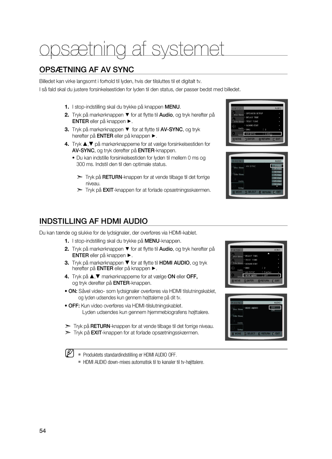 Samsung HT-TX715T/XEE, HT-X715T/XEE manual Opsætning af AV Sync, Indstilling af Hdmi Audio 