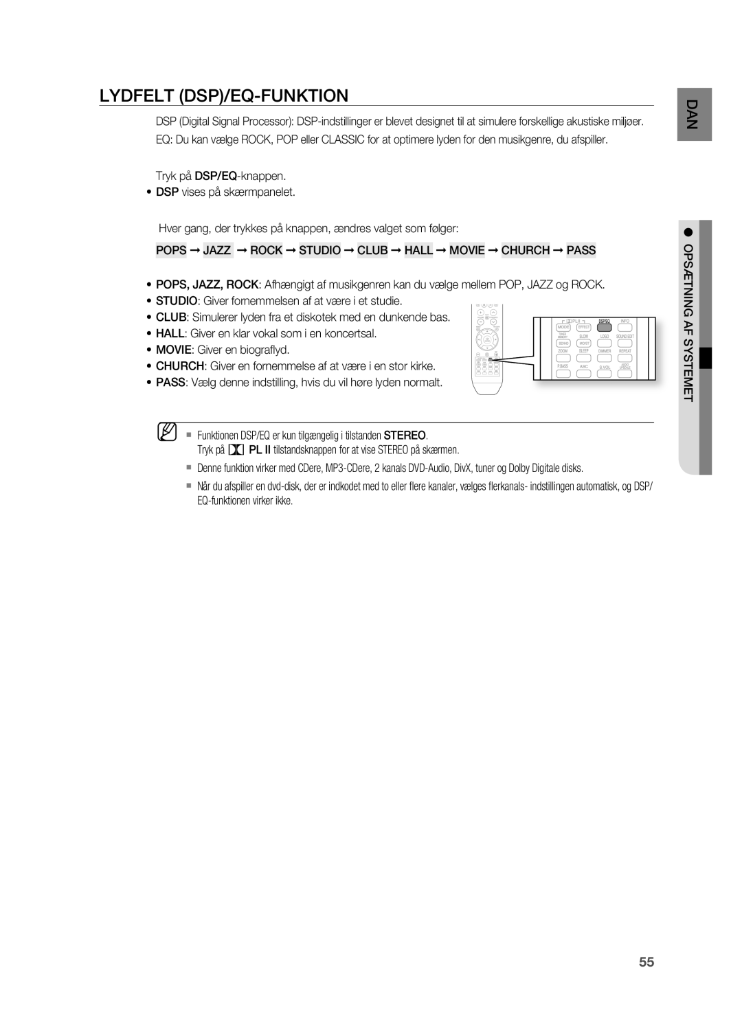 Samsung HT-X715T/XEE, HT-TX715T/XEE manual Lydfelt DSP/EQ-FUNKTION 