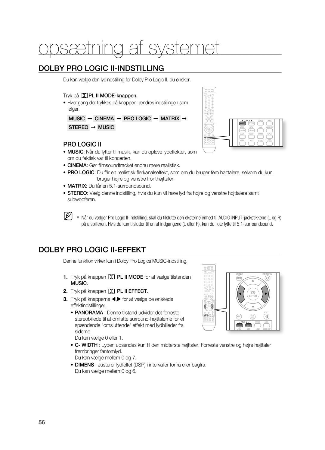 Samsung HT-TX715T/XEE, HT-X715T/XEE manual Dolby PRO Logic II-INDSTILLING, Dolby PRO Logic II-EFFEKT, Music 