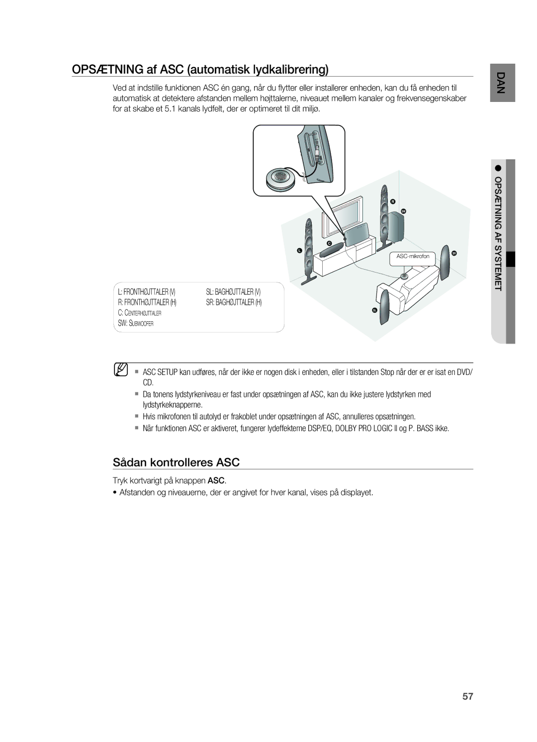 Samsung HT-X715T/XEE, HT-TX715T/XEE manual OPSæTNING af ASC automatisk lydkalibrering, Sådan kontrolleres ASC 