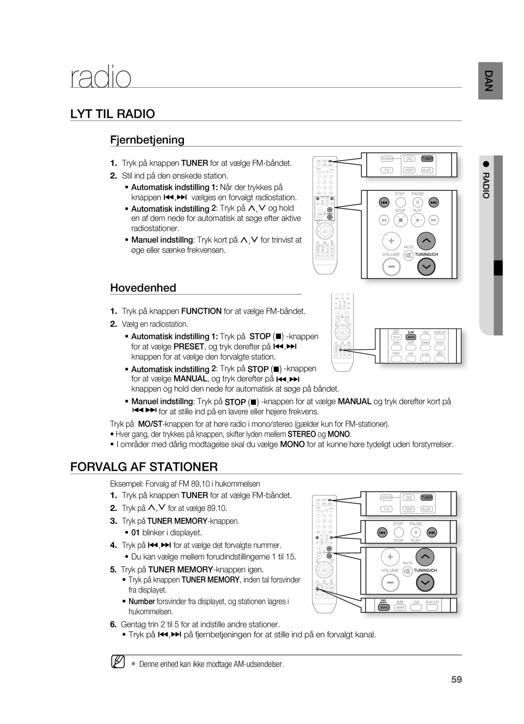 Samsung HT-X715T/XEE, HT-TX715T/XEE manual LYT TIL Radio, Forvalg AF Stationer, Fjernbetjening, Hovedenhed 