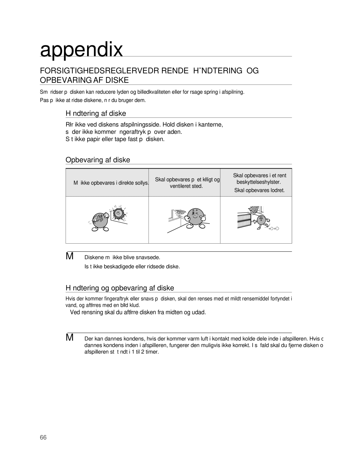 Samsung HT-TX715T/XEE, HT-X715T/XEE Appendix, Håndtering af diske, Opbevaring af diske, Håndtering og opbevaring af diske 