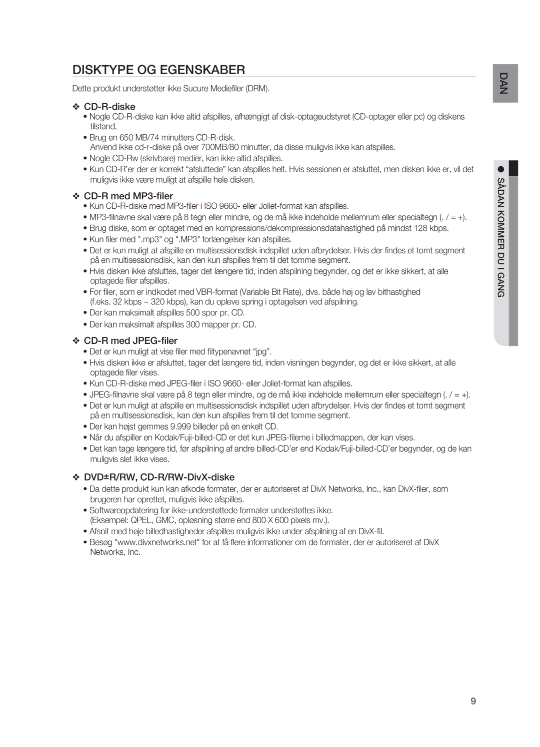 Samsung HT-X715T/XEE, HT-TX715T/XEE manual Disktype og egenskaber, Dette produkt understøtter ikke Sucure Mediefiler DRM 