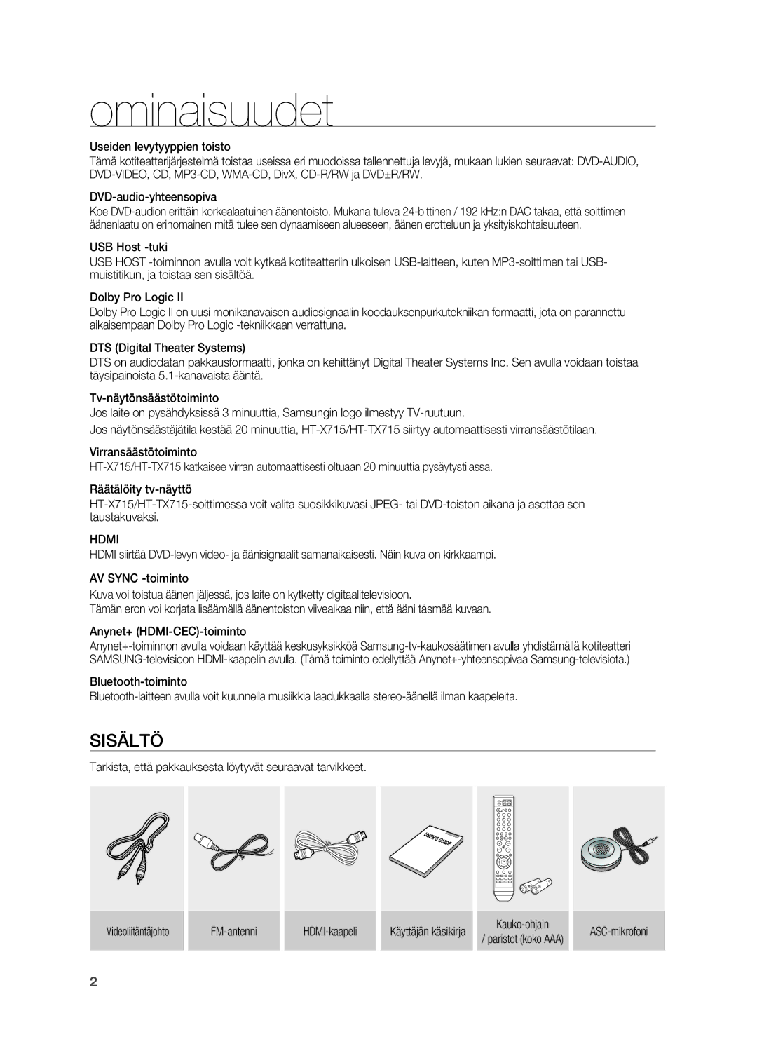 Samsung HT-TX715T/XEE, HT-X715T/XEE manual Ominaisuudet, Hdmi, Kauko-ohjain, ASC-mikrofoni 