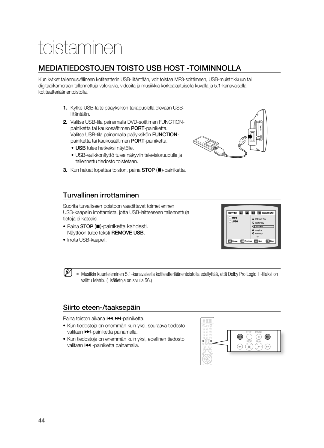 Samsung HT-TX715T/XEE MEDIATIEDoSTojEN ToISTo USB HoST -ToIMINNoLLA, Turvallinen irrottaminen, Siirto eteen-/taaksepäin 