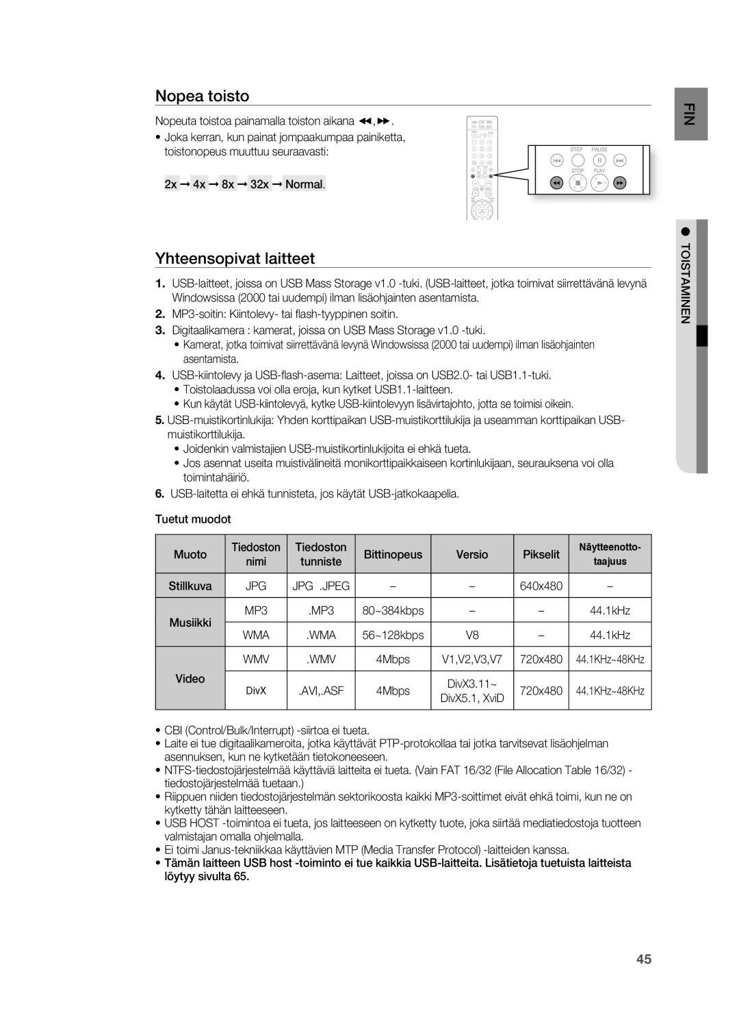 Samsung HT-X715T/XEE, HT-TX715T/XEE Yhteensopivat laitteet, Nopeuta toistoa painamalla toiston aikana, 2x 4x 8x 32x Normal 