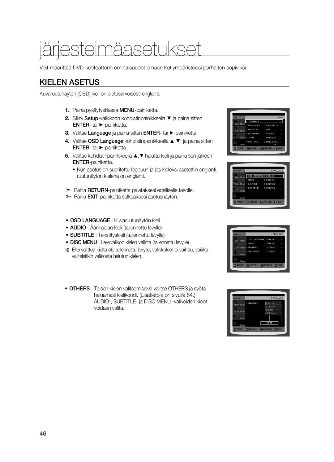 Samsung HT-TX715T/XEE, HT-X715T/XEE manual Järjestelmäasetukset, Kielen asetus 