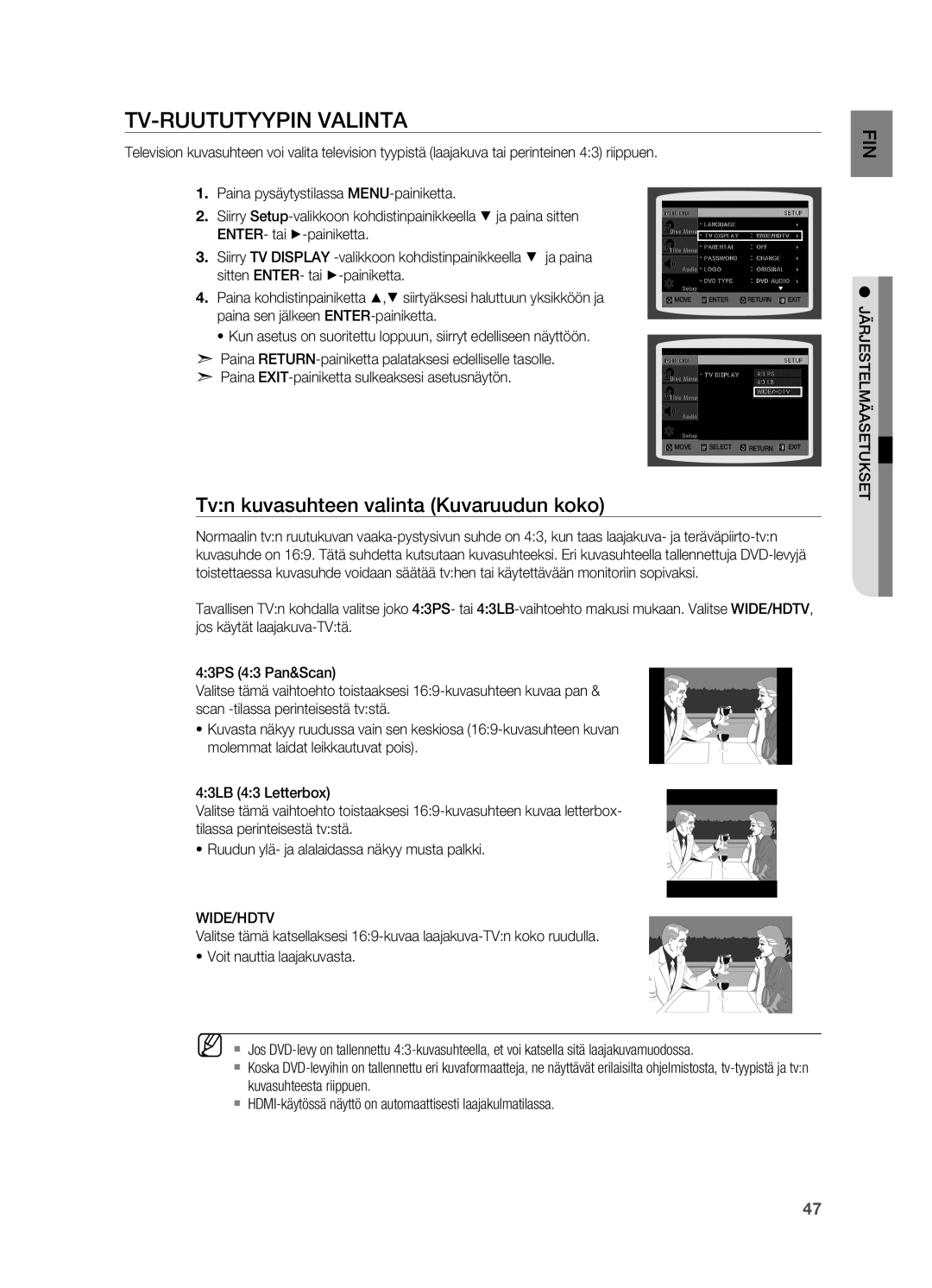 Samsung HT-X715T/XEE Tv-ruututyypin valinta, Tvn kuvasuhteen valinta Kuvaruudun koko, Wide/Hdtv, Järjestelmäasetukset 