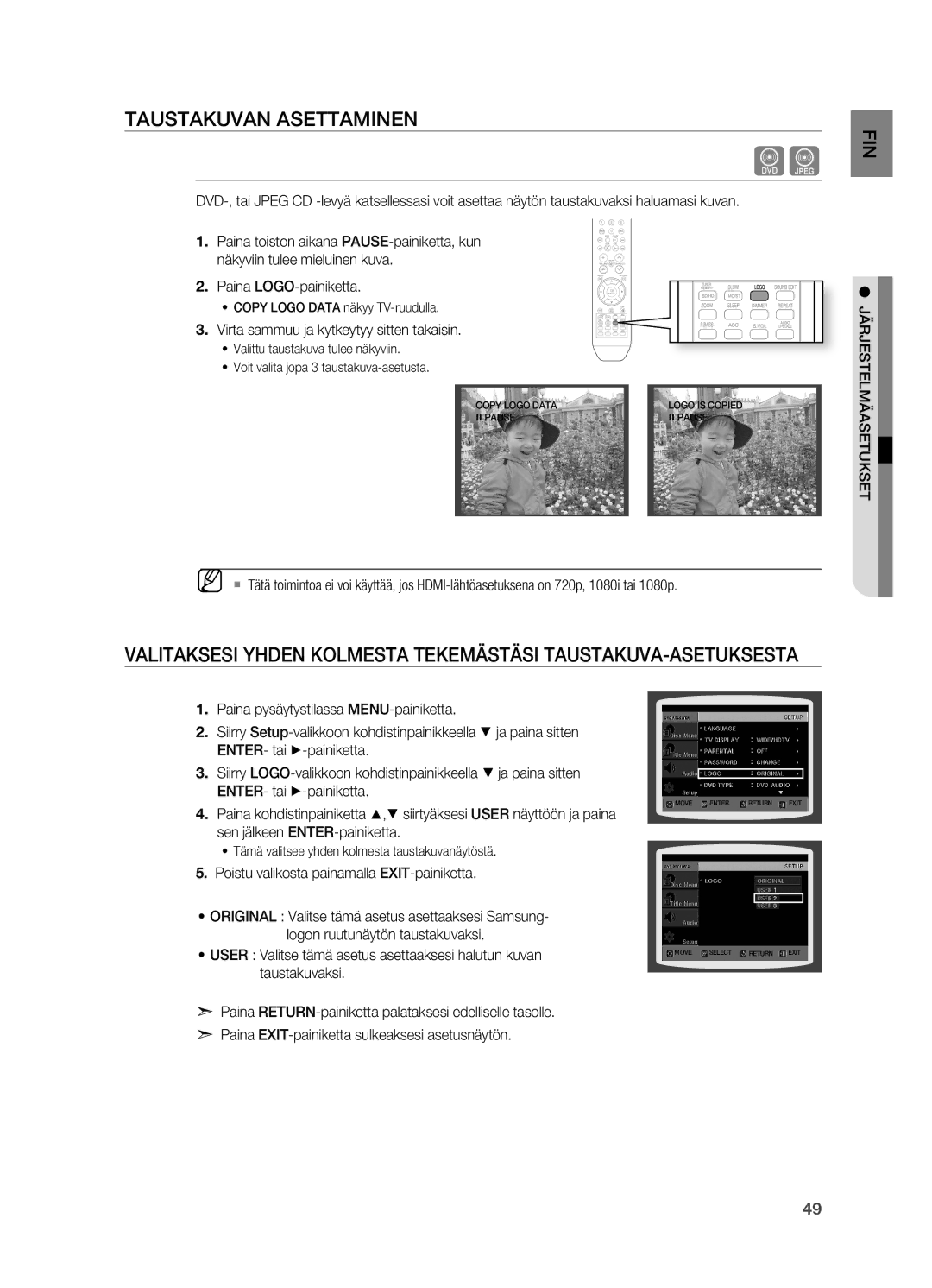 Samsung HT-X715T/XEE manual . Virta sammuu ja kytkeytyy sitten takaisin, . Poistu valikosta painamalla EXIT-painiketta 