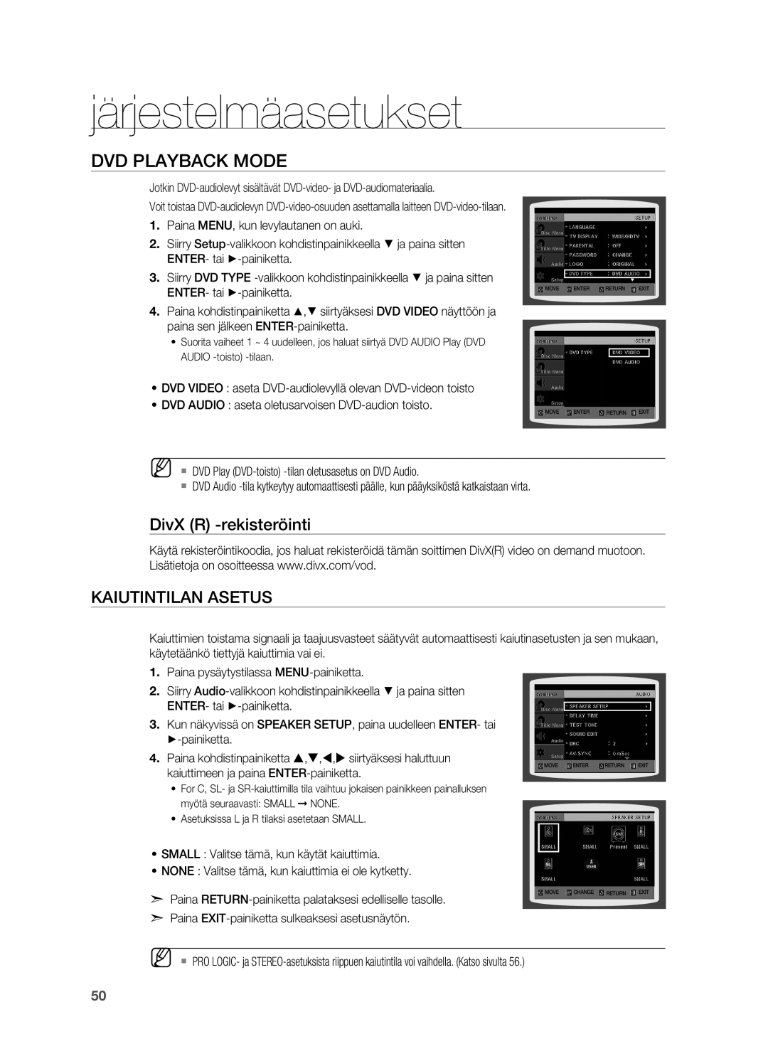 Samsung HT-TX715T/XEE, HT-X715T/XEE manual DVD Playback Mode, DivX R -rekisteröinti Kaiutintilan asetus 