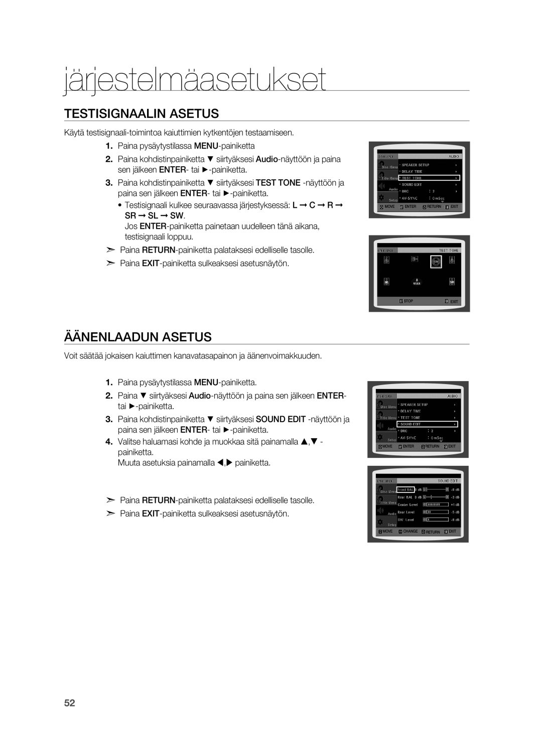 Samsung HT-TX715T/XEE, HT-X715T/XEE manual Testisignaalin asetus, Äänenlaadun asetus 