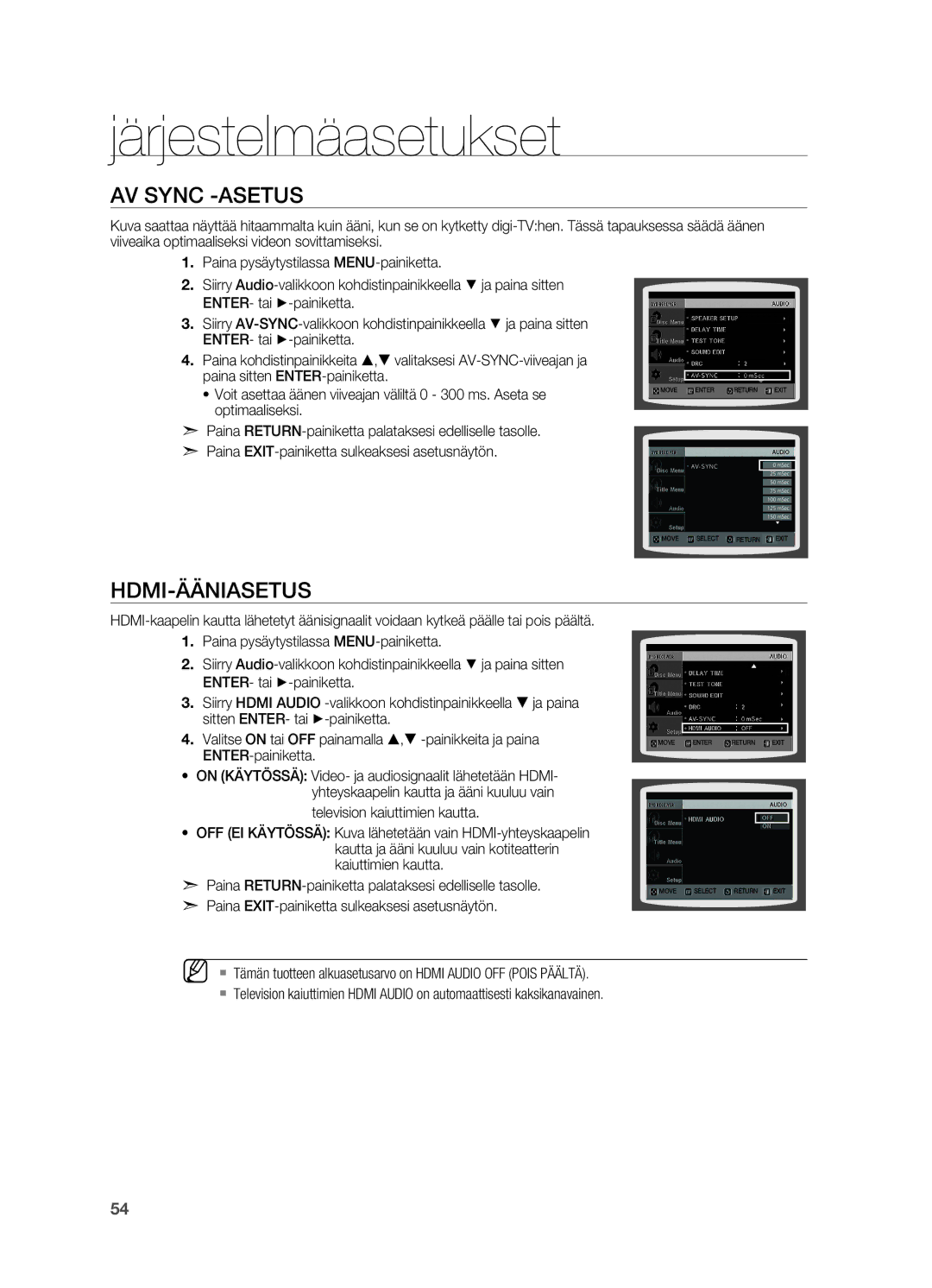 Samsung HT-TX715T/XEE, HT-X715T/XEE manual AV Sync -asetus, HDMI-ääniasetus, Television kaiuttimien kautta 