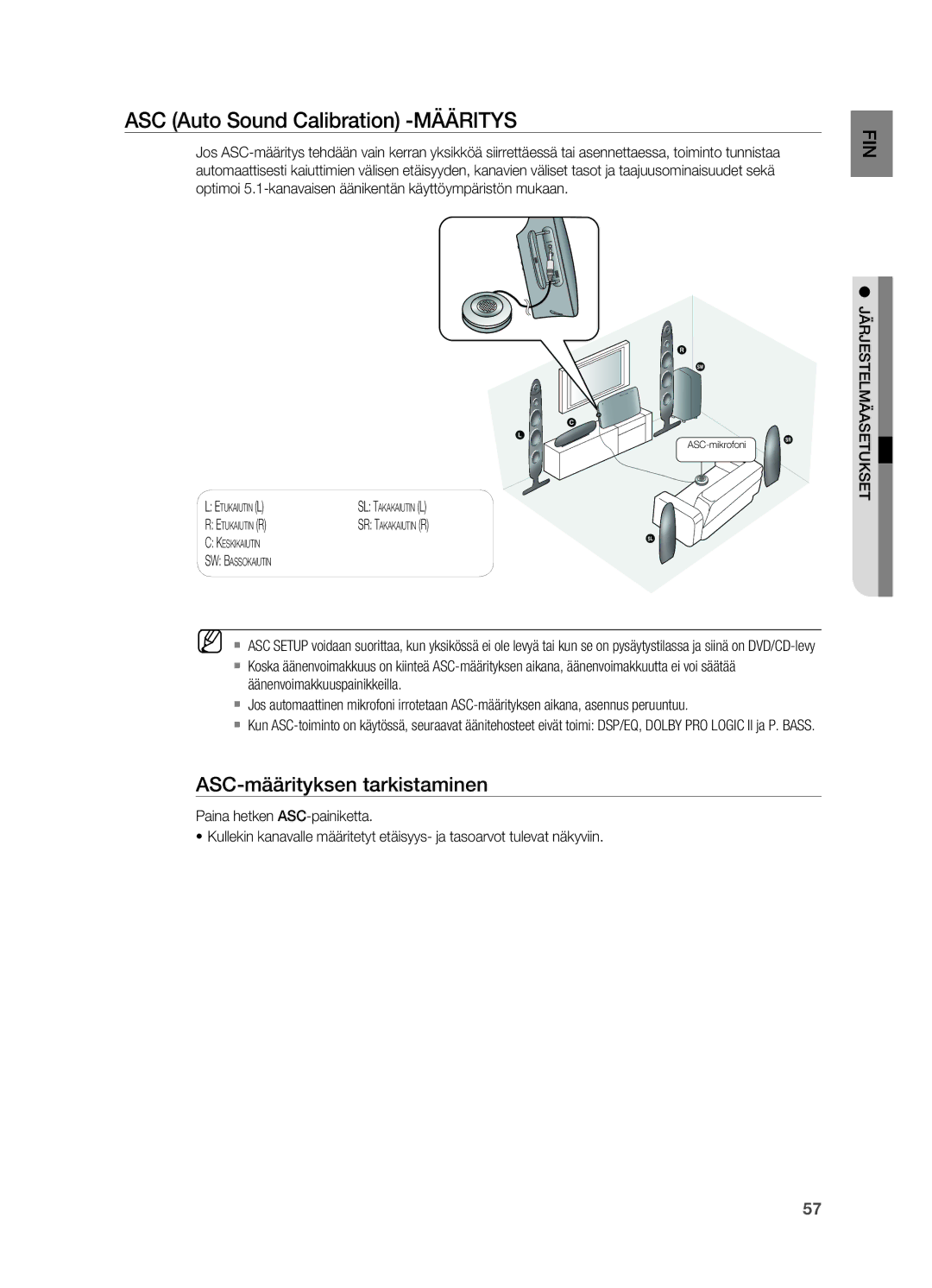 Samsung HT-X715T/XEE, HT-TX715T/XEE manual ASC Auto Sound Calibration -MÄÄRITYS, ASC-määrityksen tarkistaminen 