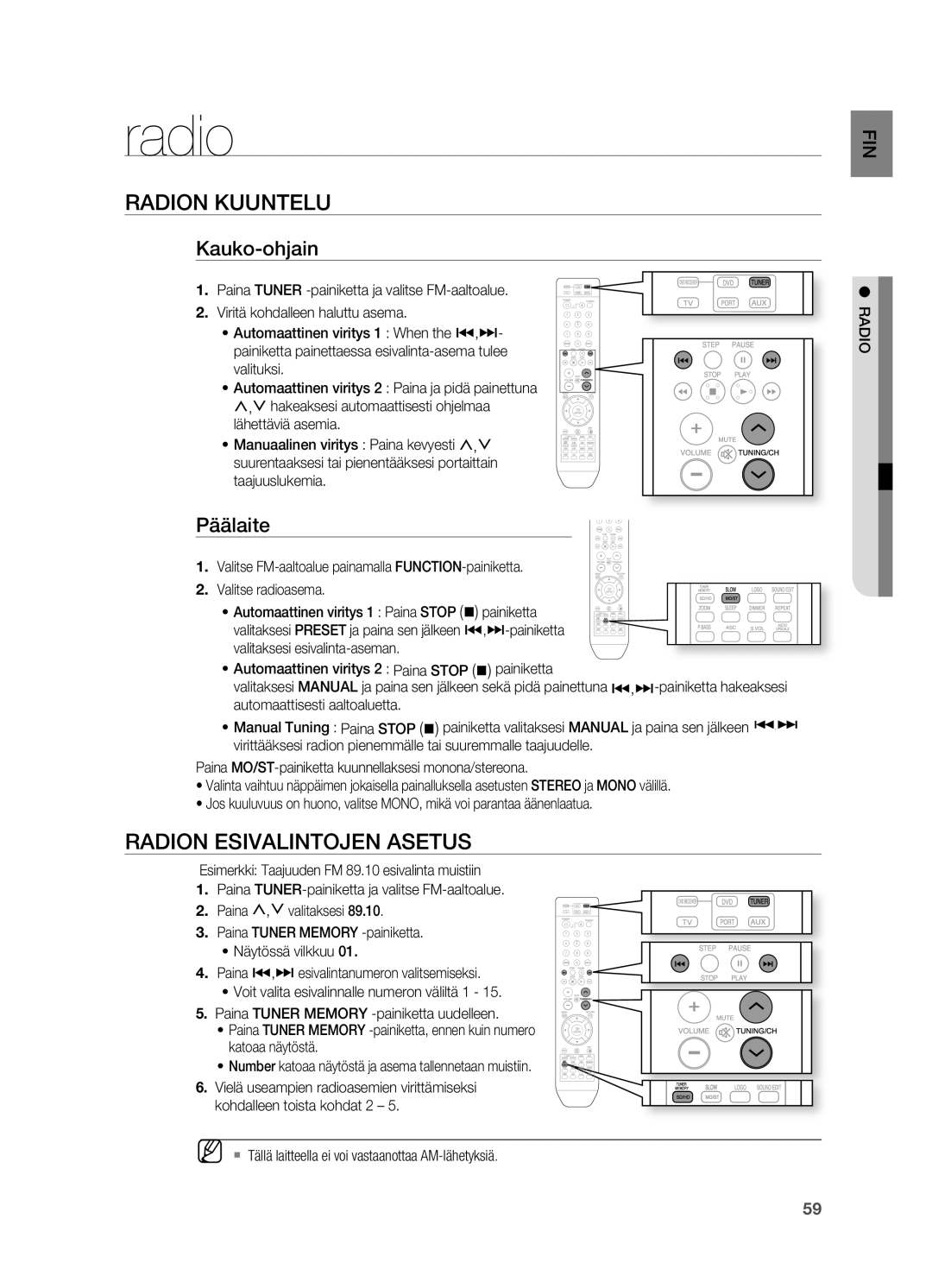 Samsung HT-X715T/XEE, HT-TX715T/XEE manual Radio, RADIoN Kuuntelu, RADIoN ESIVALINTojEN Asetus, Kauko-ohjain, Päälaite 