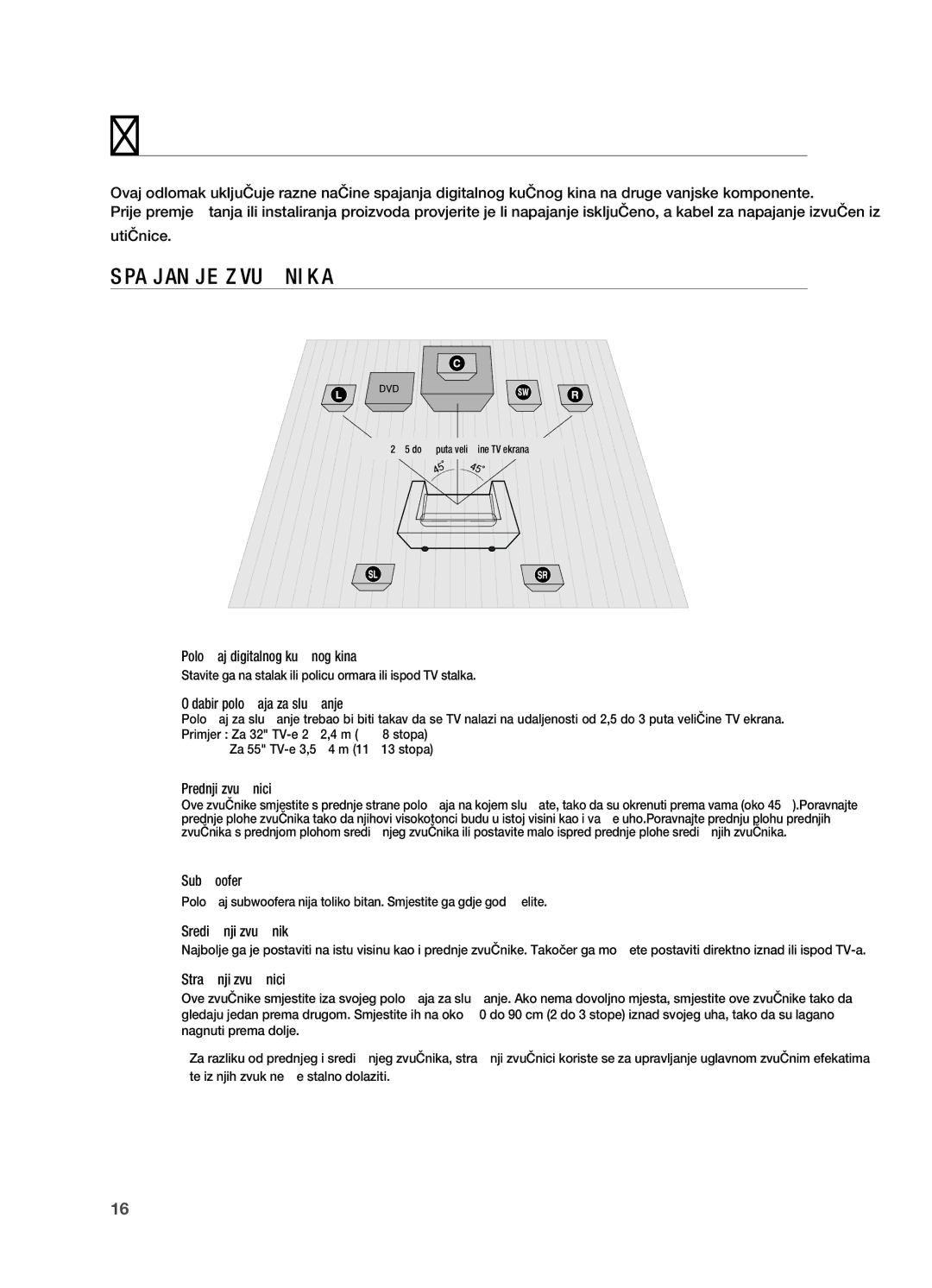 Samsung HT-TX725GT/EDC, HT-X725GT/EDC manual Veze, Spajanje zvučnika 