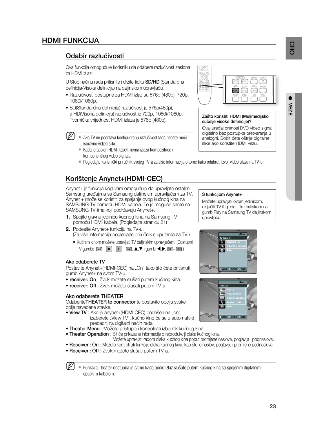 Samsung HT-X725GT/EDC manual Hdmi FUNkCIjA, Odabir razlučivosti, Korištenje Anynet+HDMI-CEC, Ako odaberete Theater 