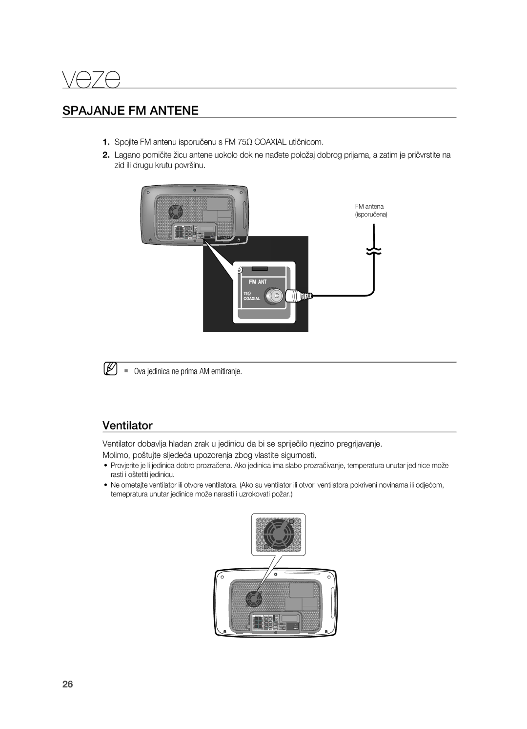 Samsung HT-TX725GT/EDC, HT-X725GT/EDC manual SPAjANjE FM Antene, Ventilator, ` Ova jedinica ne prima AM emitiranje 